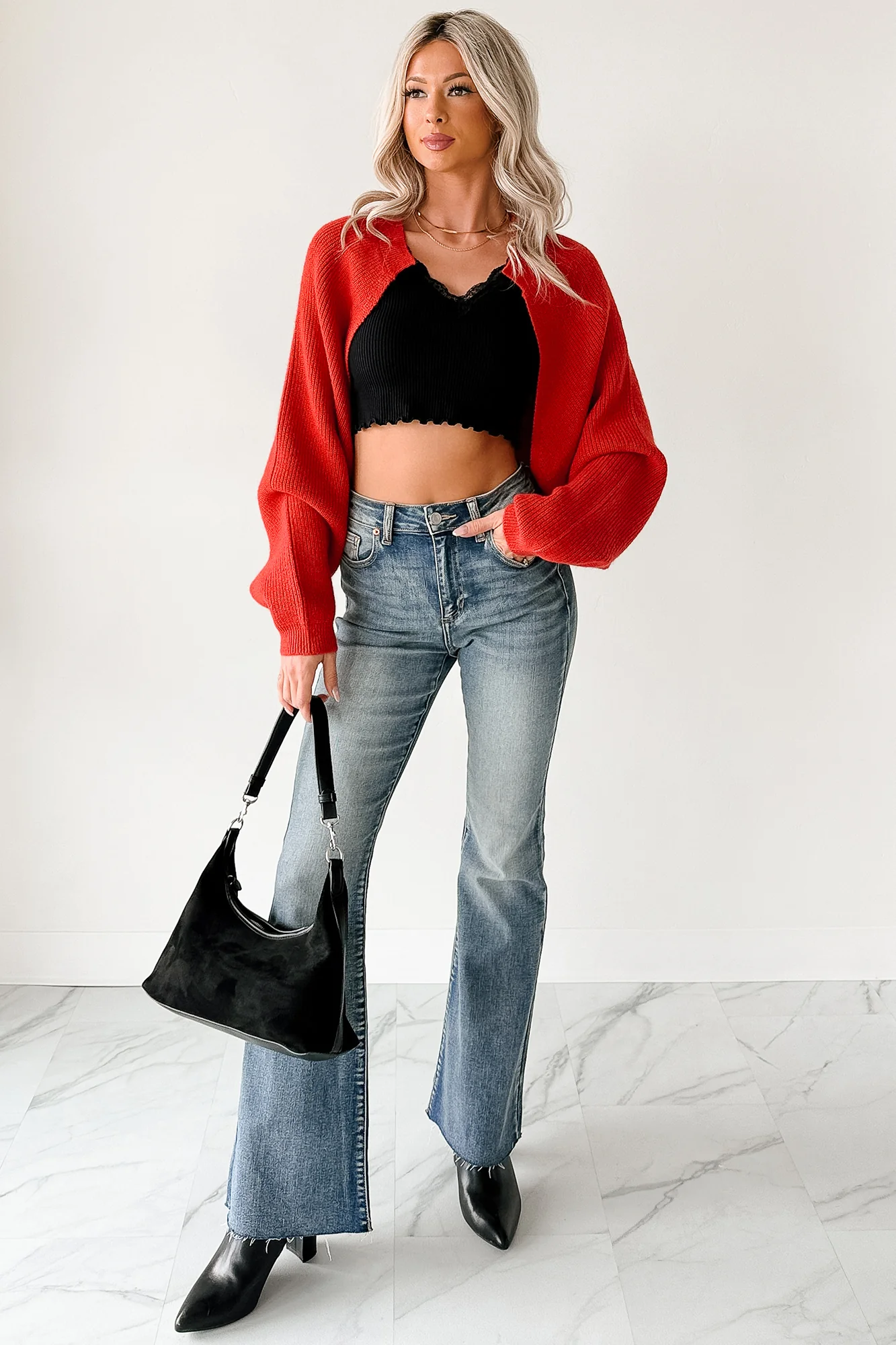 Moonlit Quiet Open Front Bolero Cardigan (Orange/Red) - Image 3