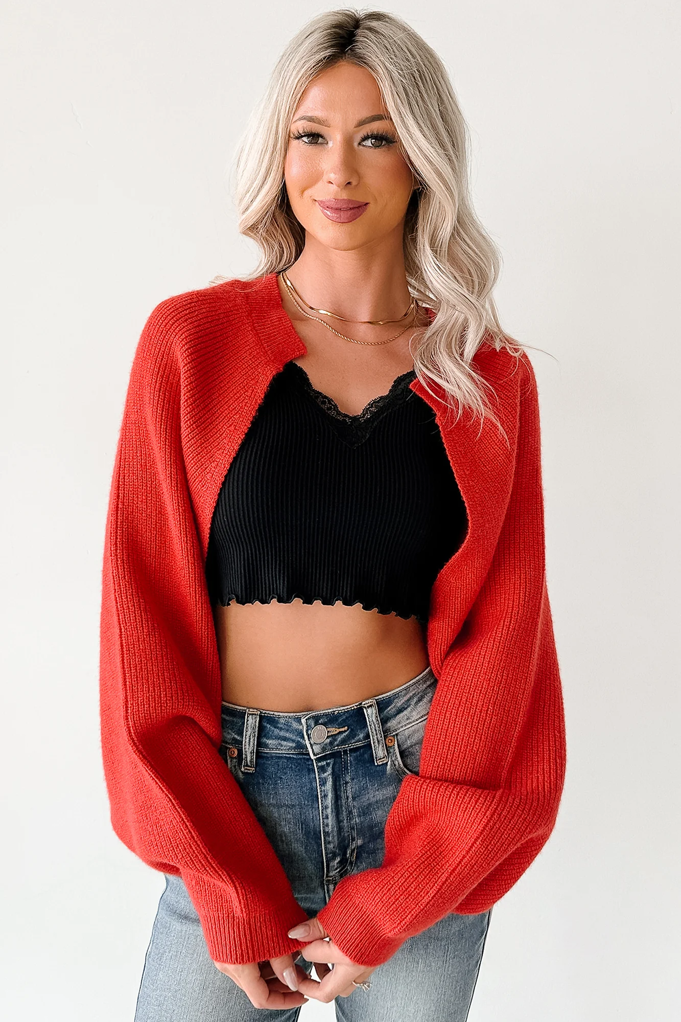 Moonlit Quiet Open Front Bolero Cardigan (Orange/Red) - Image 5