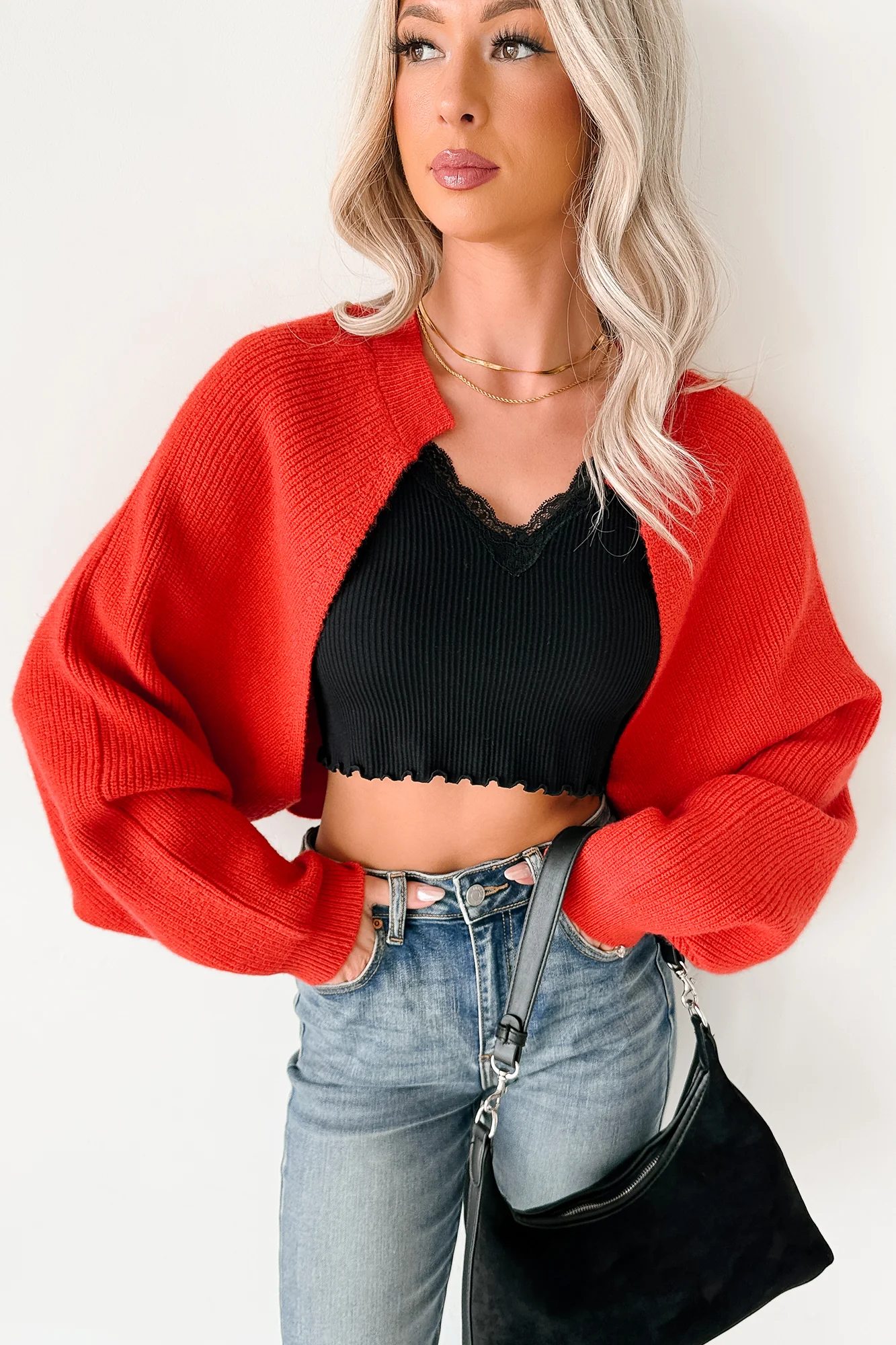 Moonlit Quiet Open Front Bolero Cardigan (Orange/Red) - Image 7