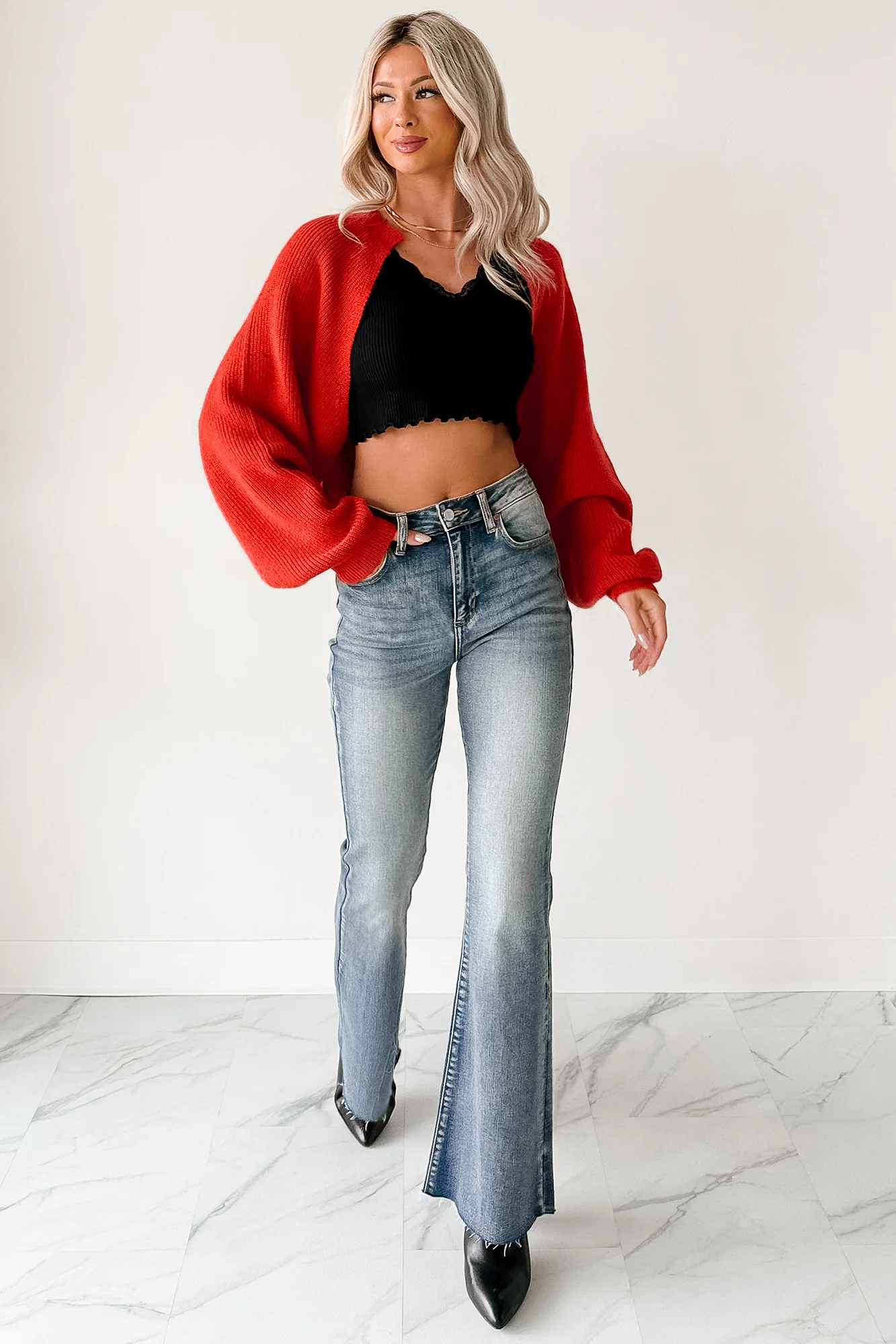 Moonlit Quiet Open Front Bolero Cardigan (Orange/Red) - Image 8