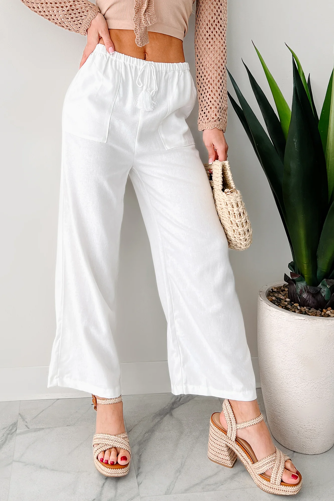 Morning Glow Linen Drawstring Pants (White) - Image 2
