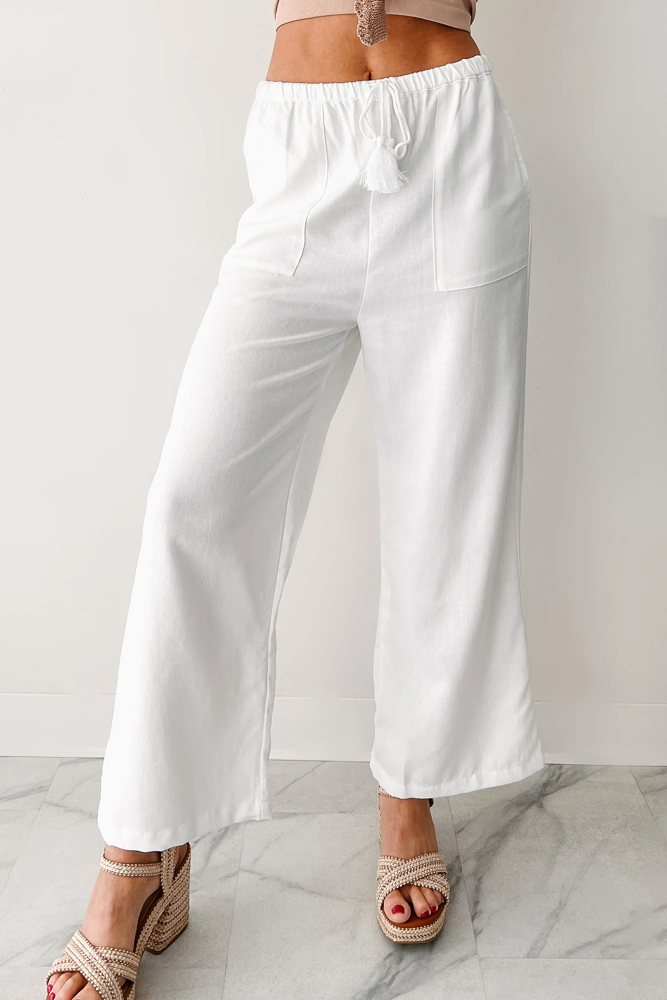 Morning Glow Linen Drawstring Pants (White) - Image 3
