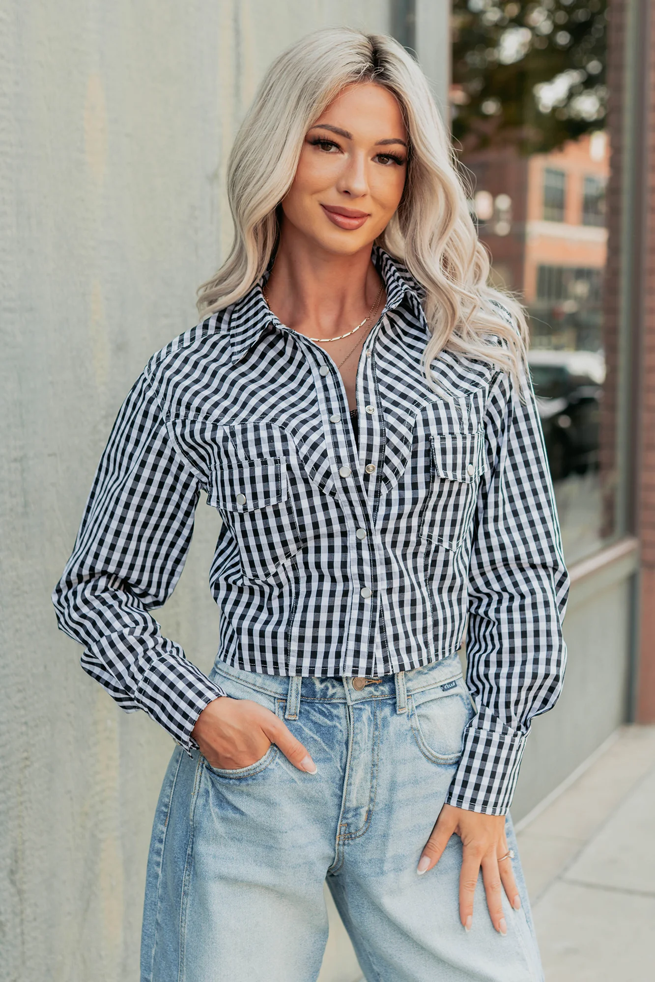 Morning Markets Signature 8 Gingham Crop Shirt (Black) - Image 3