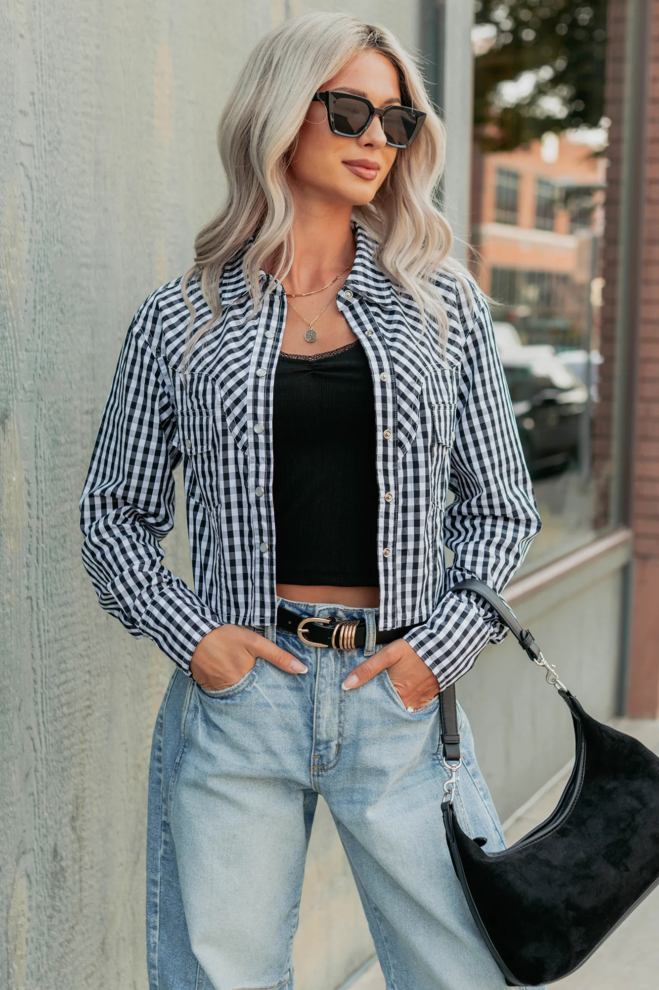 Morning Markets Signature 8 Gingham Crop Shirt (Black) - Image 6