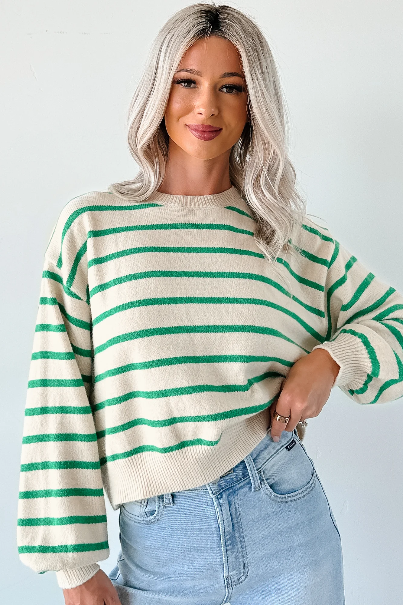 Morning Rituals Striped Button Detail Sweater (Green) - Image 2