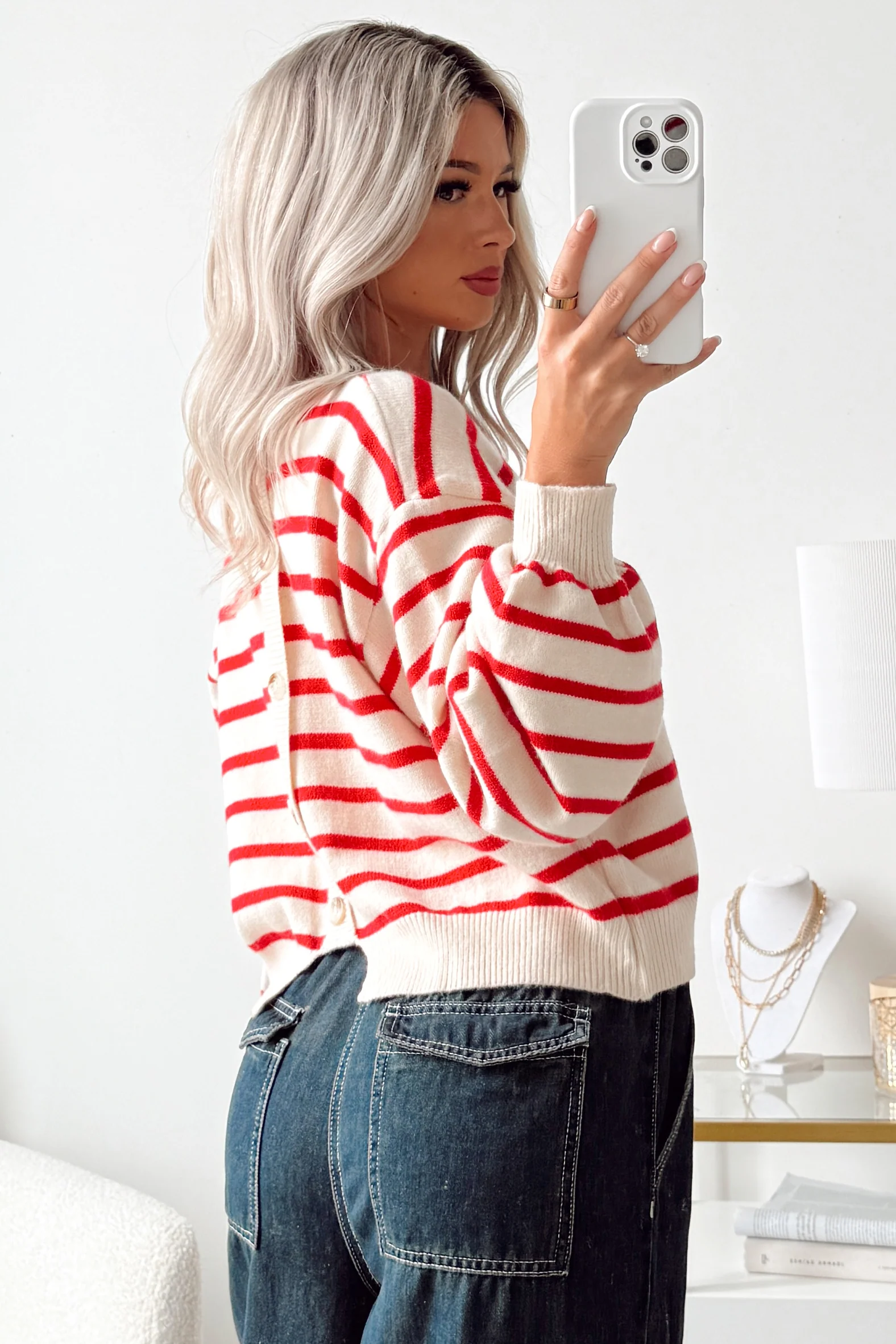 Morning Rituals Striped Button Detail Sweater (Red) - Image 3