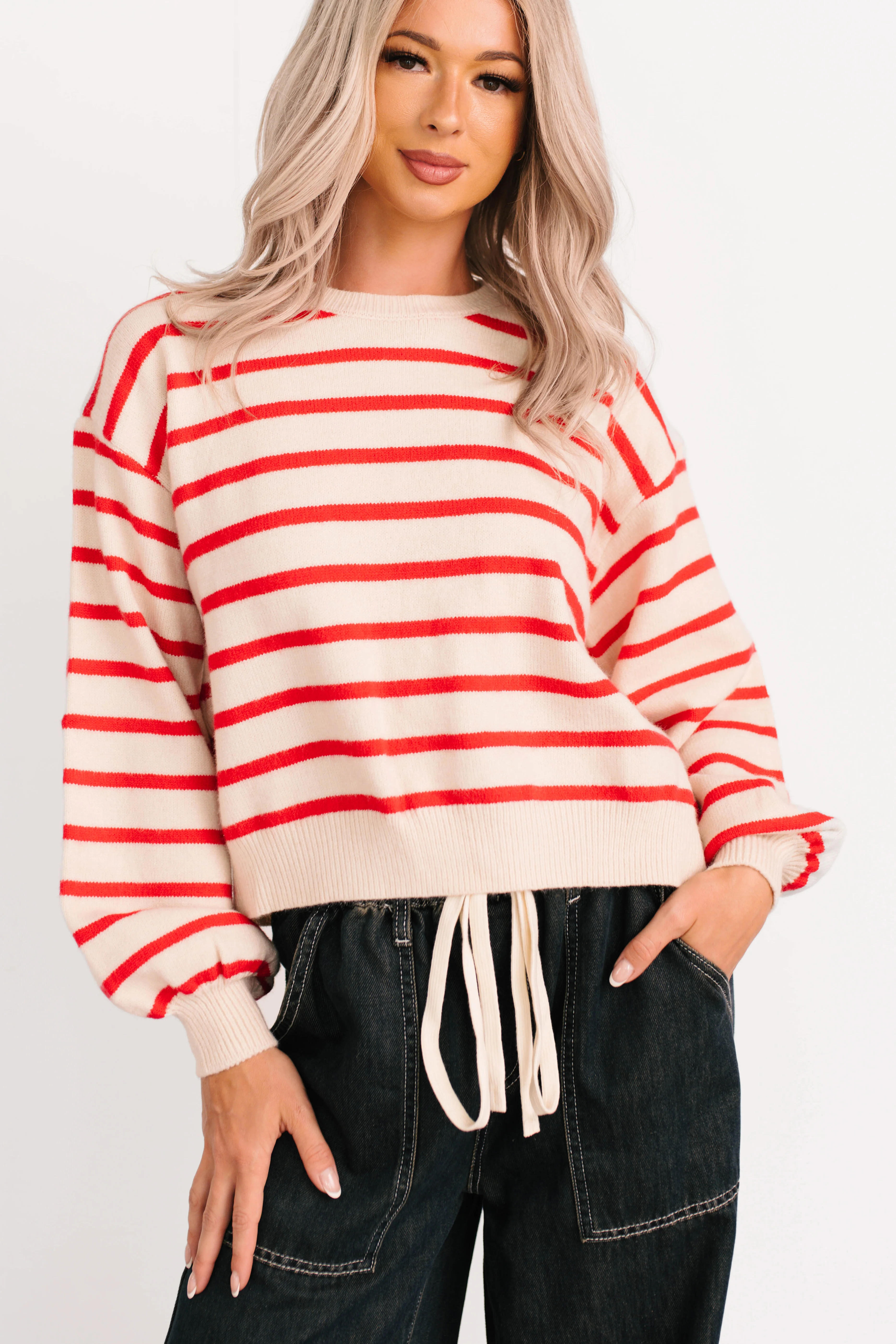 Morning Rituals Striped Button Detail Sweater (Red) - Image 4