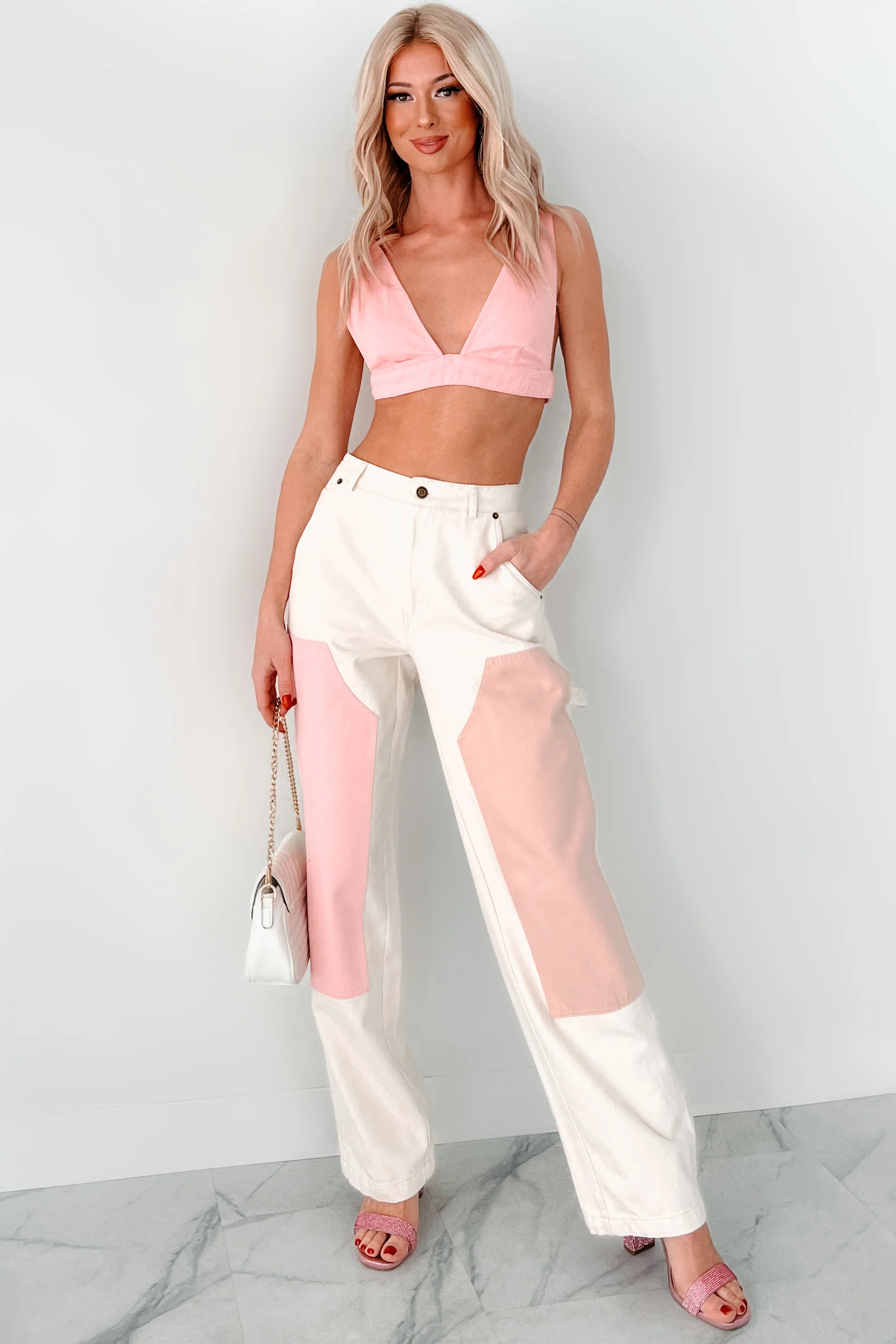 Move To The Music Denim Bralette Top (Pink) - Image 2