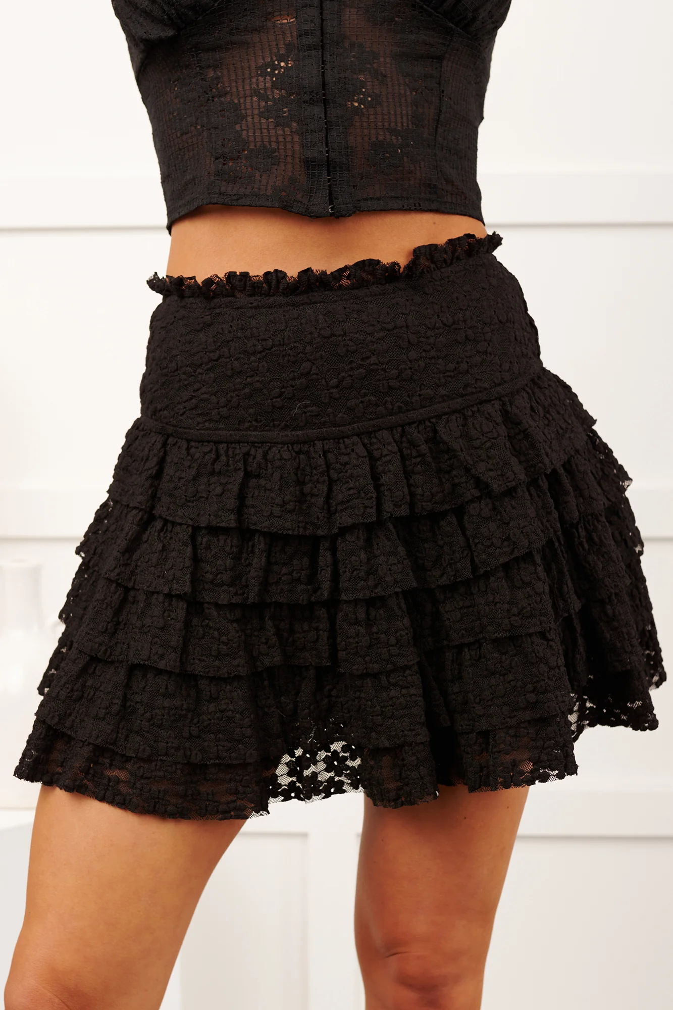 My First Kiss Lace Ruffled Layered Mini Skirt (Black) - Image 2