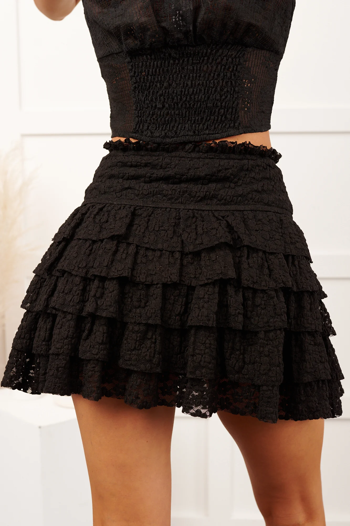 My First Kiss Lace Ruffled Layered Mini Skirt (Black) - Image 6