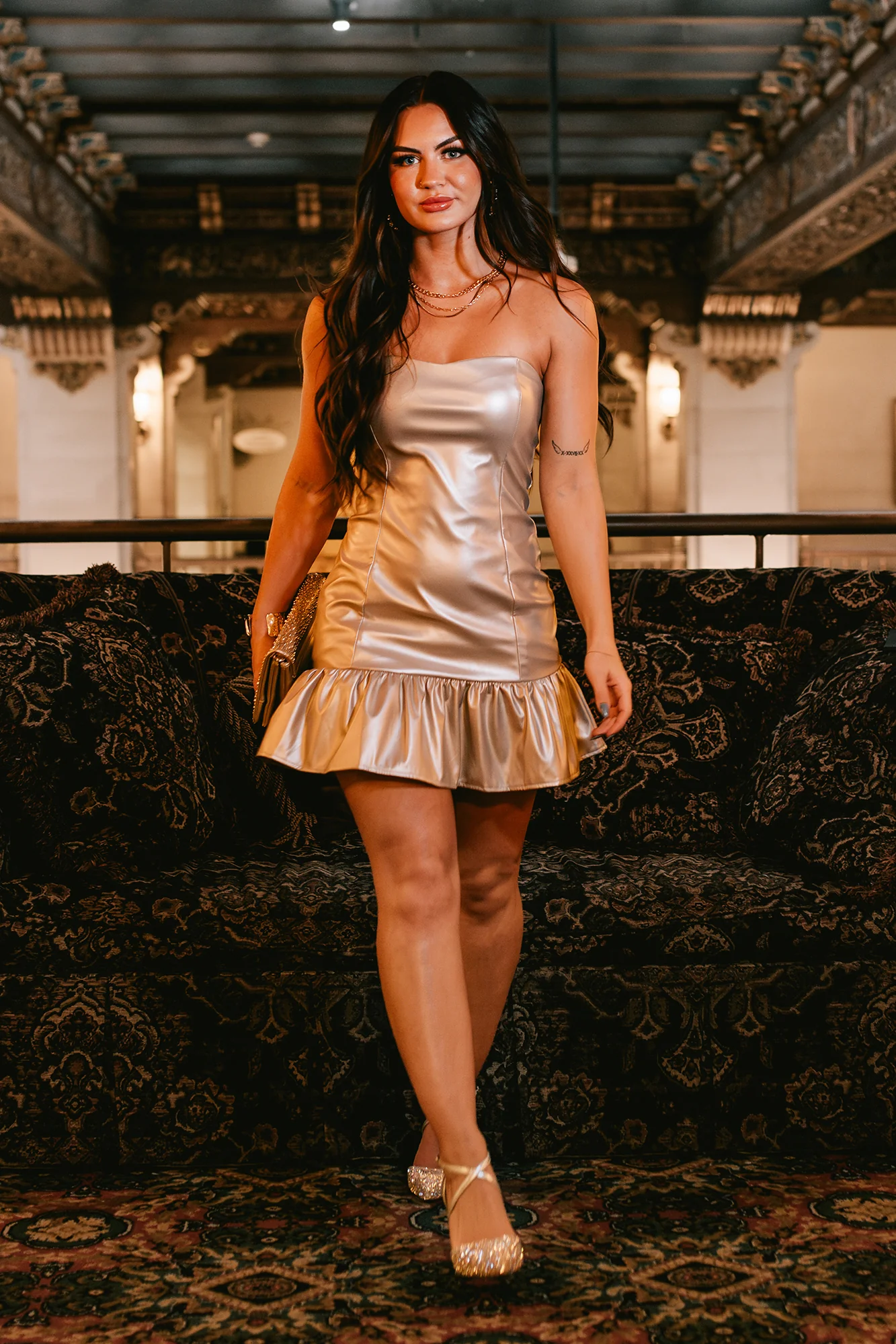 My Shining Moment Strapless Ruffled Faux Leather Dress (Champagne Gold) - Image 4