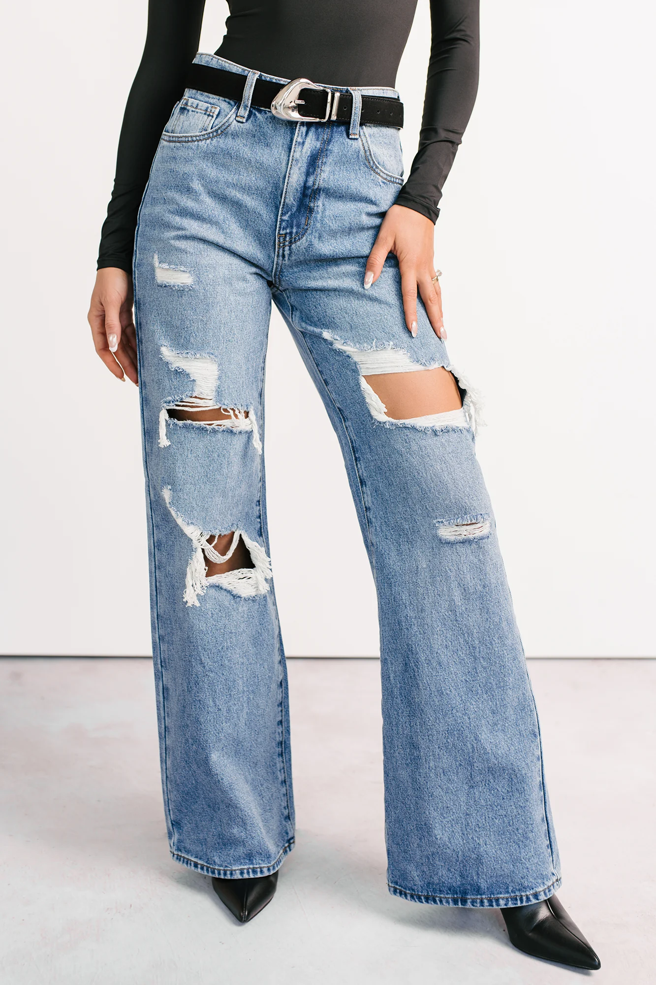 Mylo High Rise Distressed Vibrant Wide Leg Jean (Medium) - Image 2