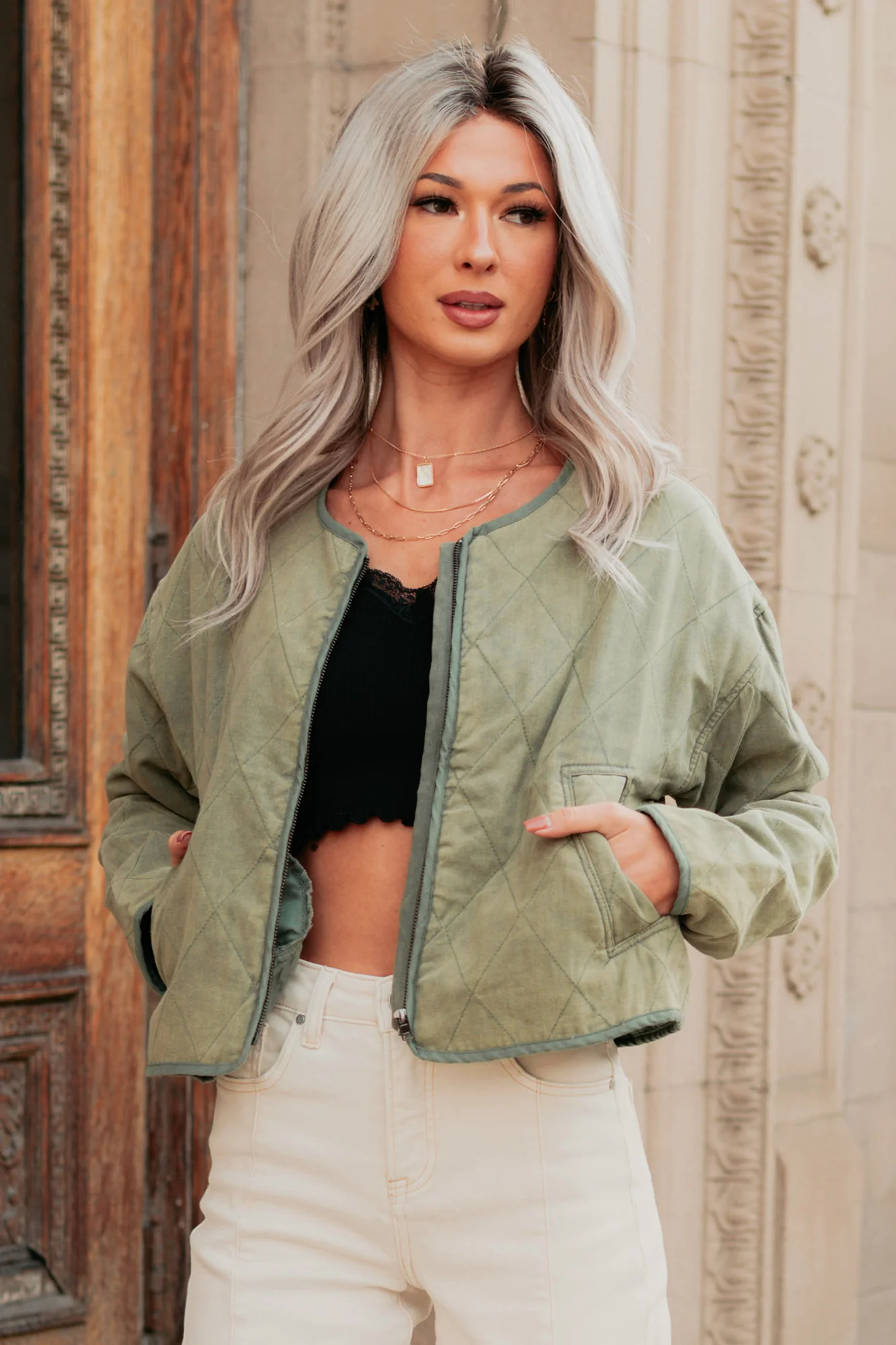 Natural Essence Quilted Zip-Up Jacket (Vintage Olive) - Image 2
