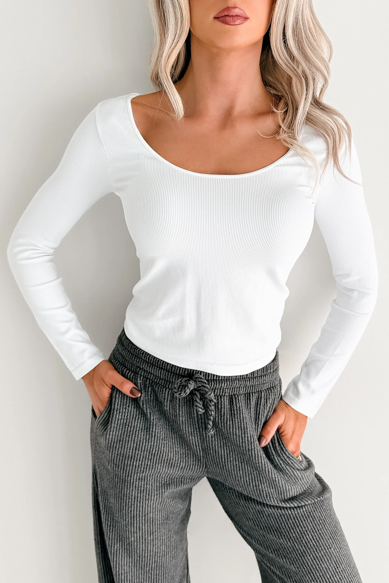 Natural Glow Scoop Neck Ribbed Top (White) - Image 3