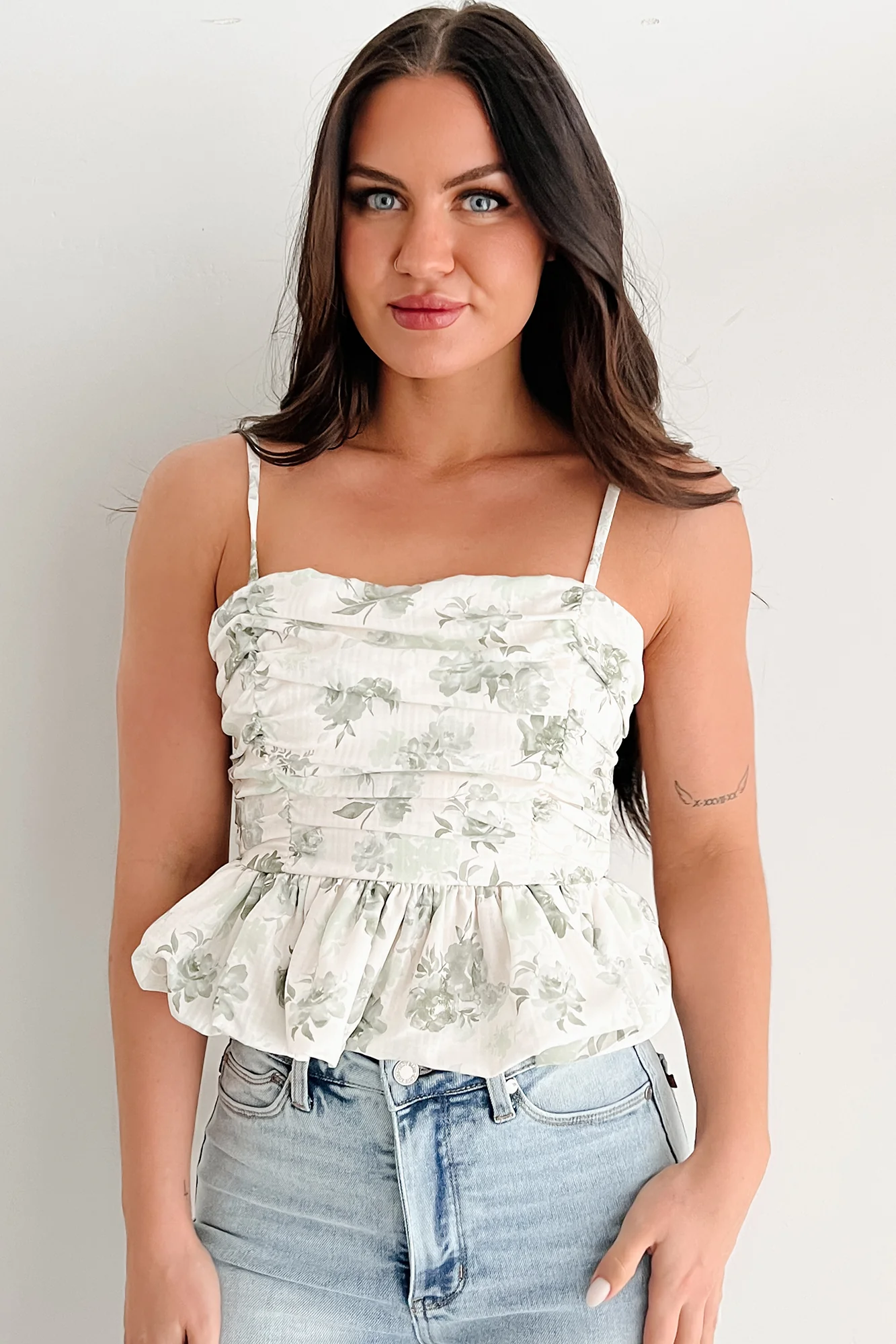 Nature's Palette Ruched Floral Peplum Tank (Sage) - Image 10