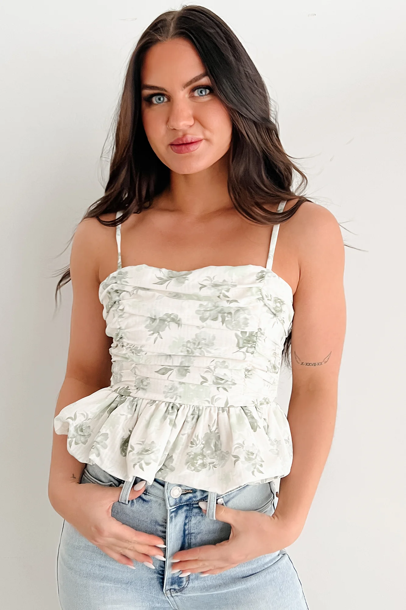 Nature's Palette Ruched Floral Peplum Tank (Sage) - Image 7
