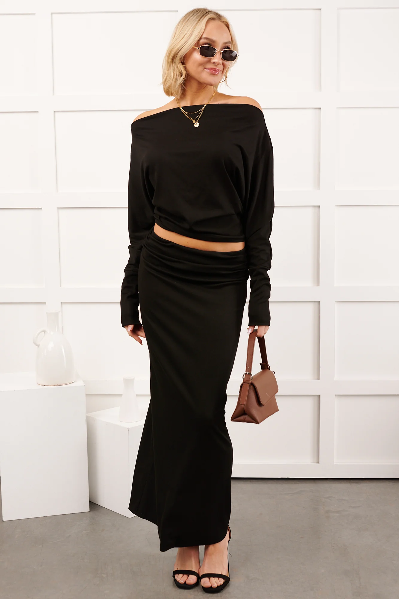 Nestle In Now Long Sleeve Maxi Skirt Set (Black) - Image 2