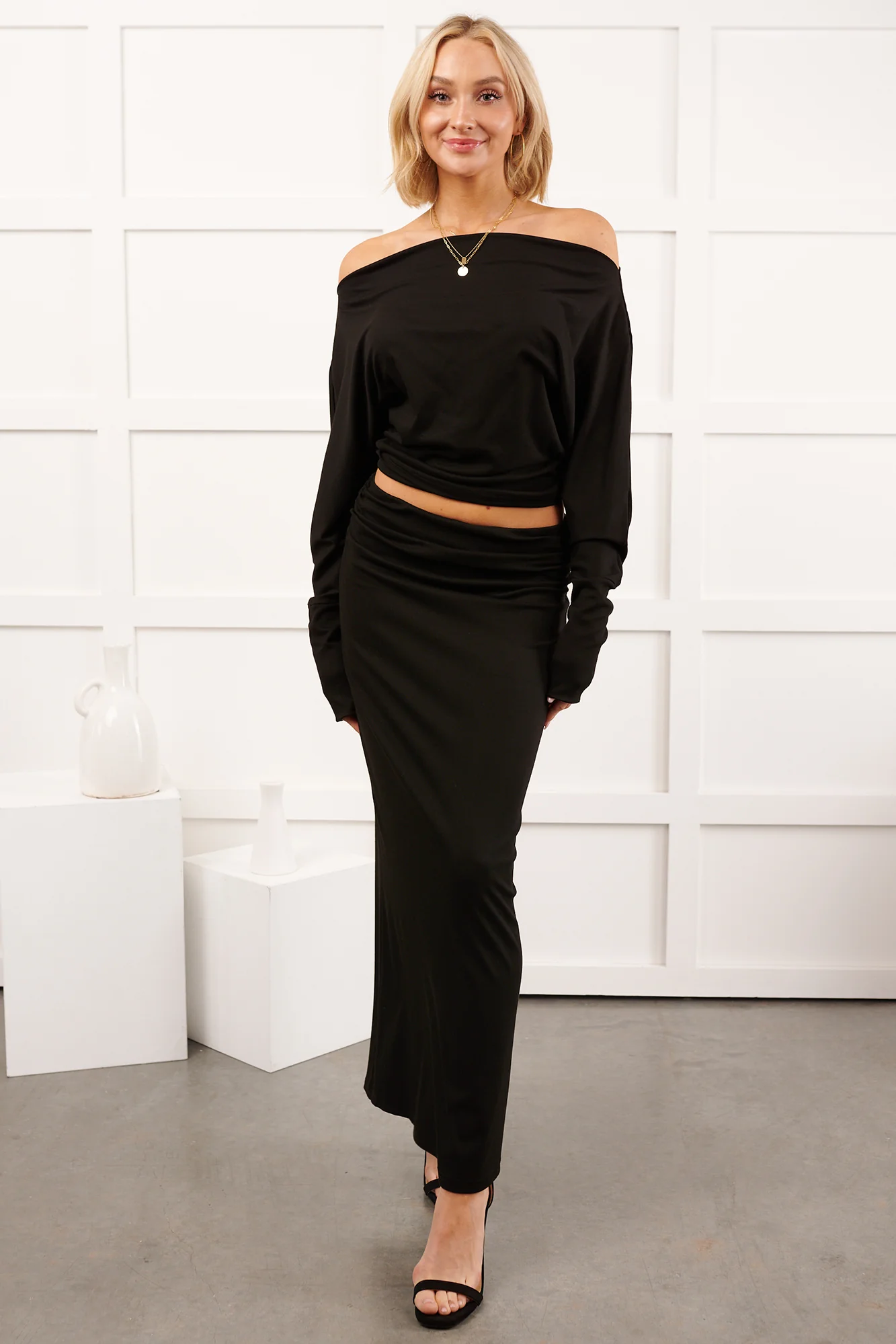 Nestle In Now Long Sleeve Maxi Skirt Set (Black) - Image 3