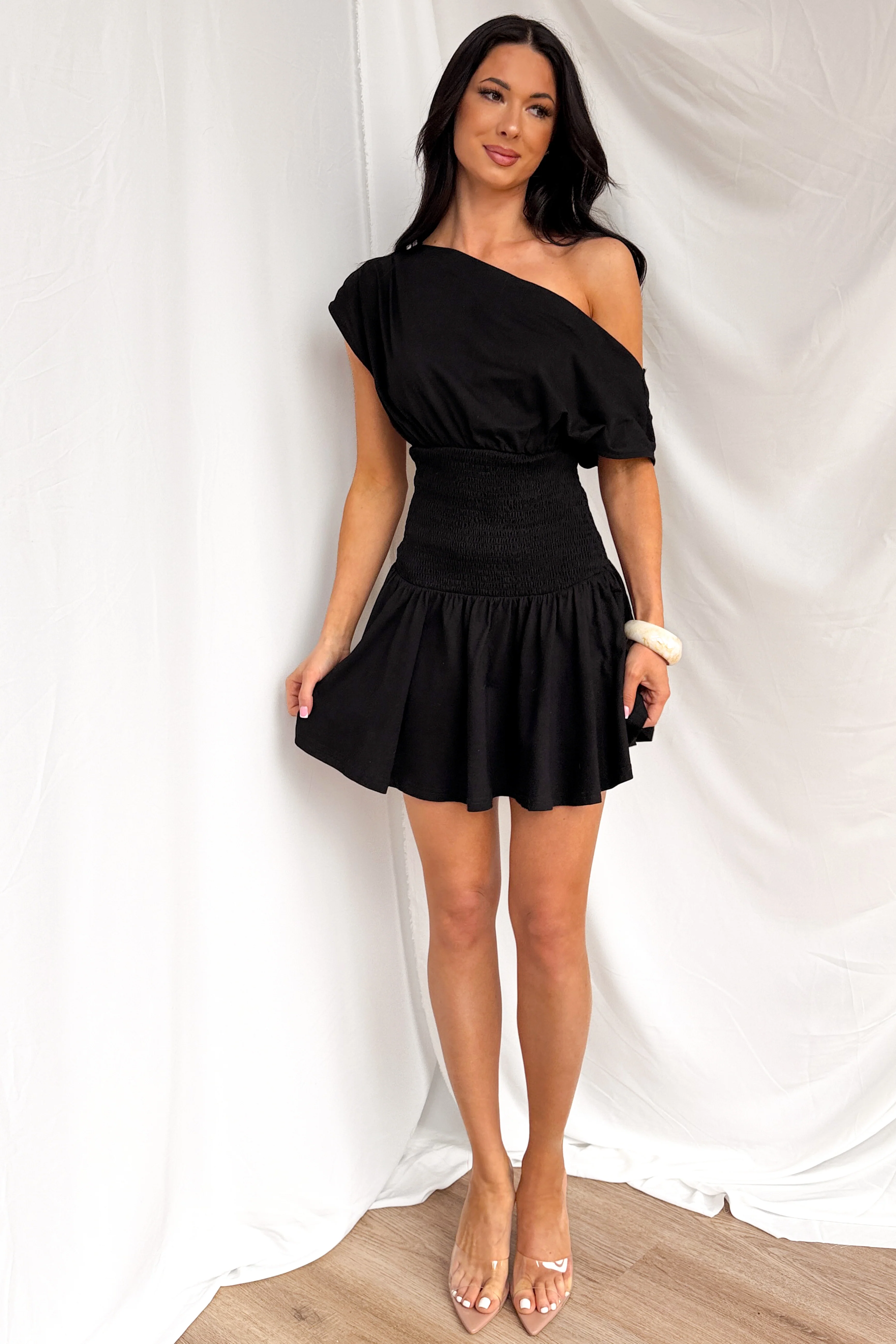 Neutral Ground One Shoulder Smocked Mini Dress (Black) - Image 3