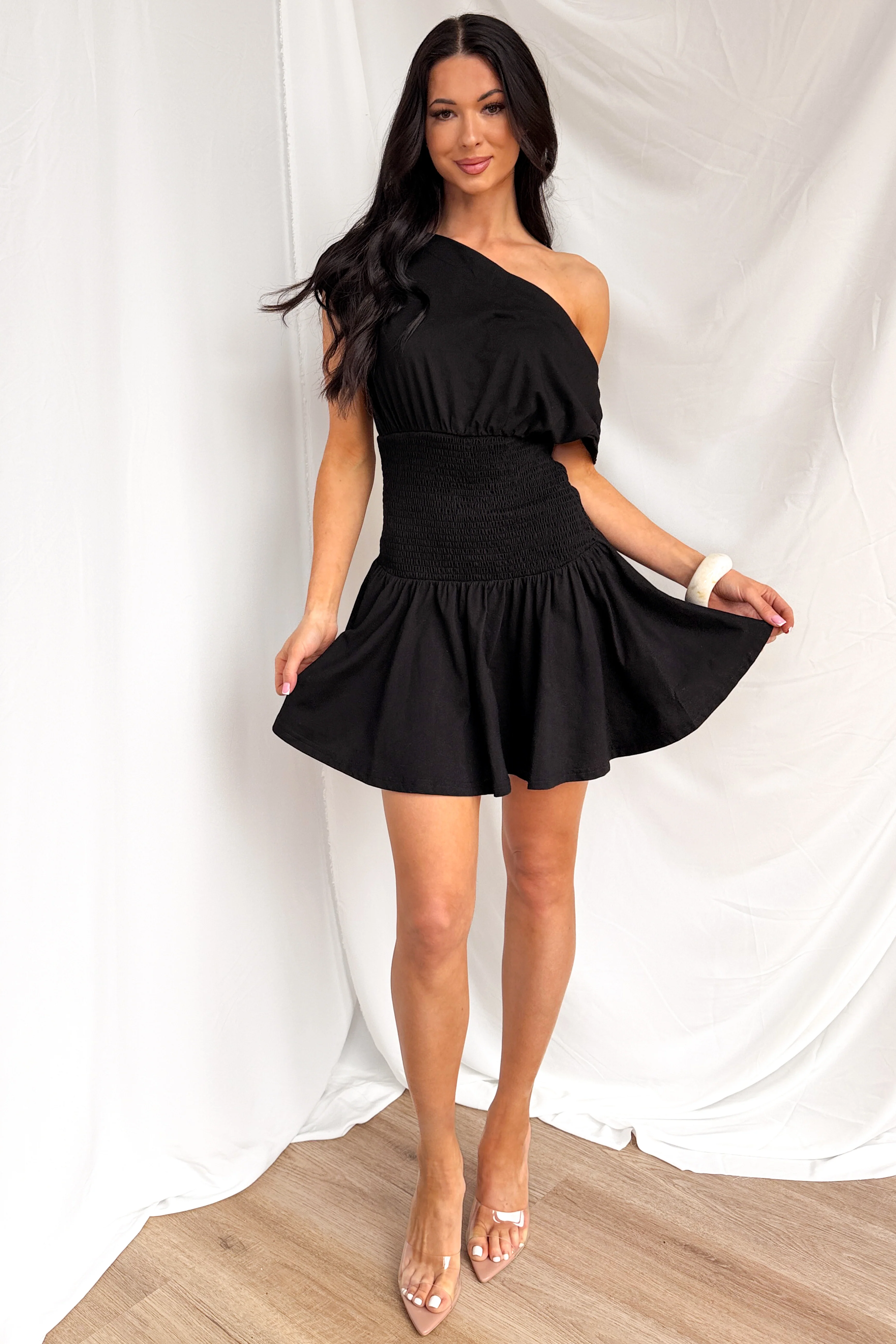 Neutral Ground One Shoulder Smocked Mini Dress (Black) - Image 4