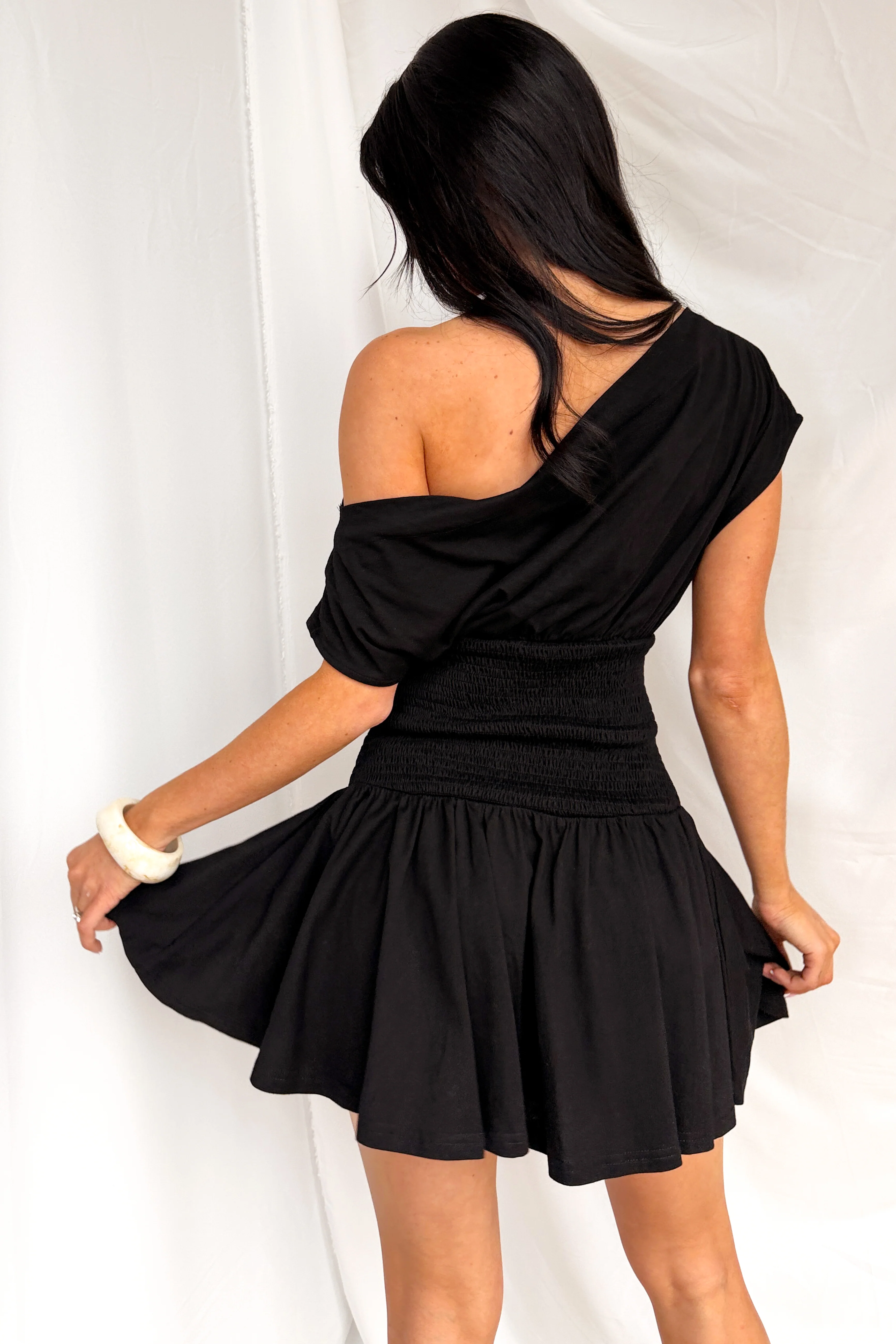 Neutral Ground One Shoulder Smocked Mini Dress (Black) - Image 6