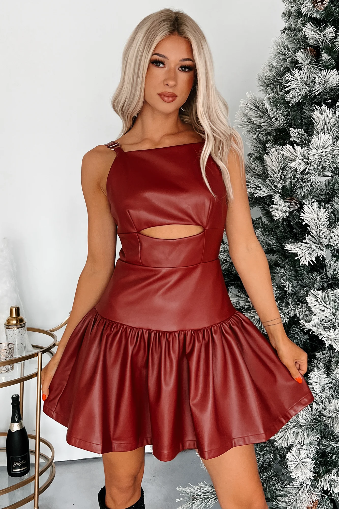 Never The Problem Faux Leather Cut-Out Dress (Burgundy) - Image 4