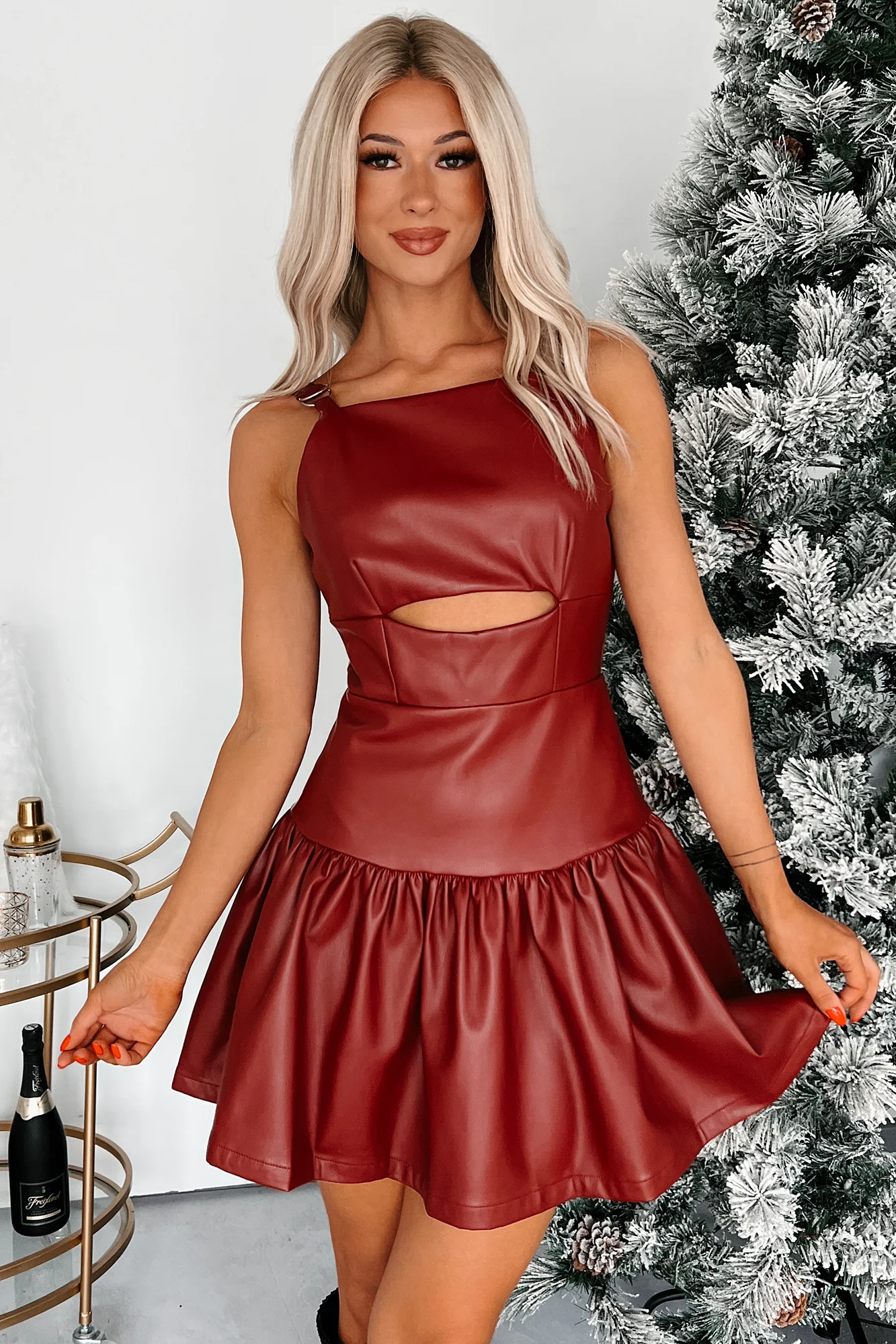 Never The Problem Faux Leather Cut-Out Dress (Burgundy) - Image 5