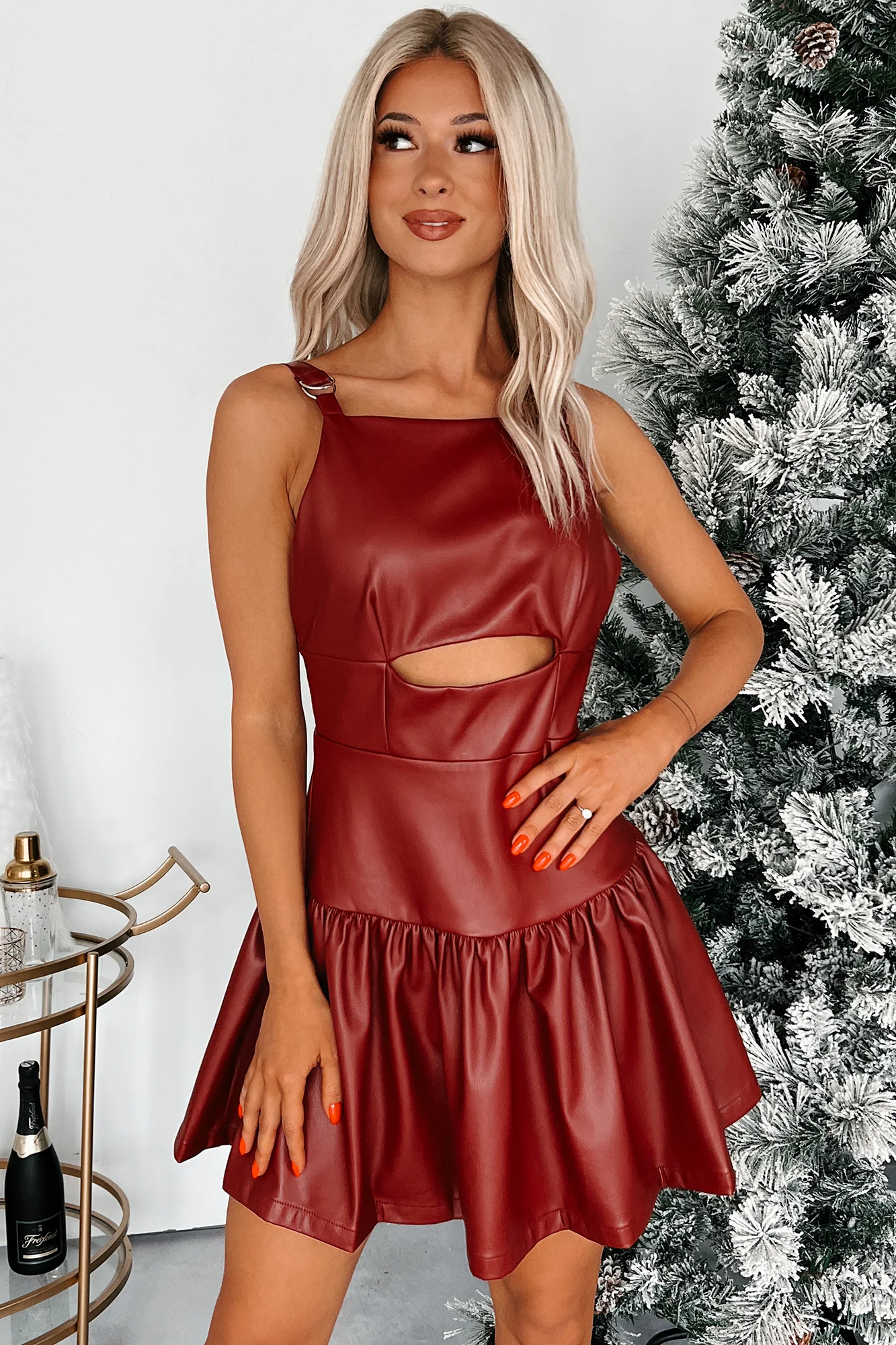 Never The Problem Faux Leather Cut-Out Dress (Burgundy) - Image 6