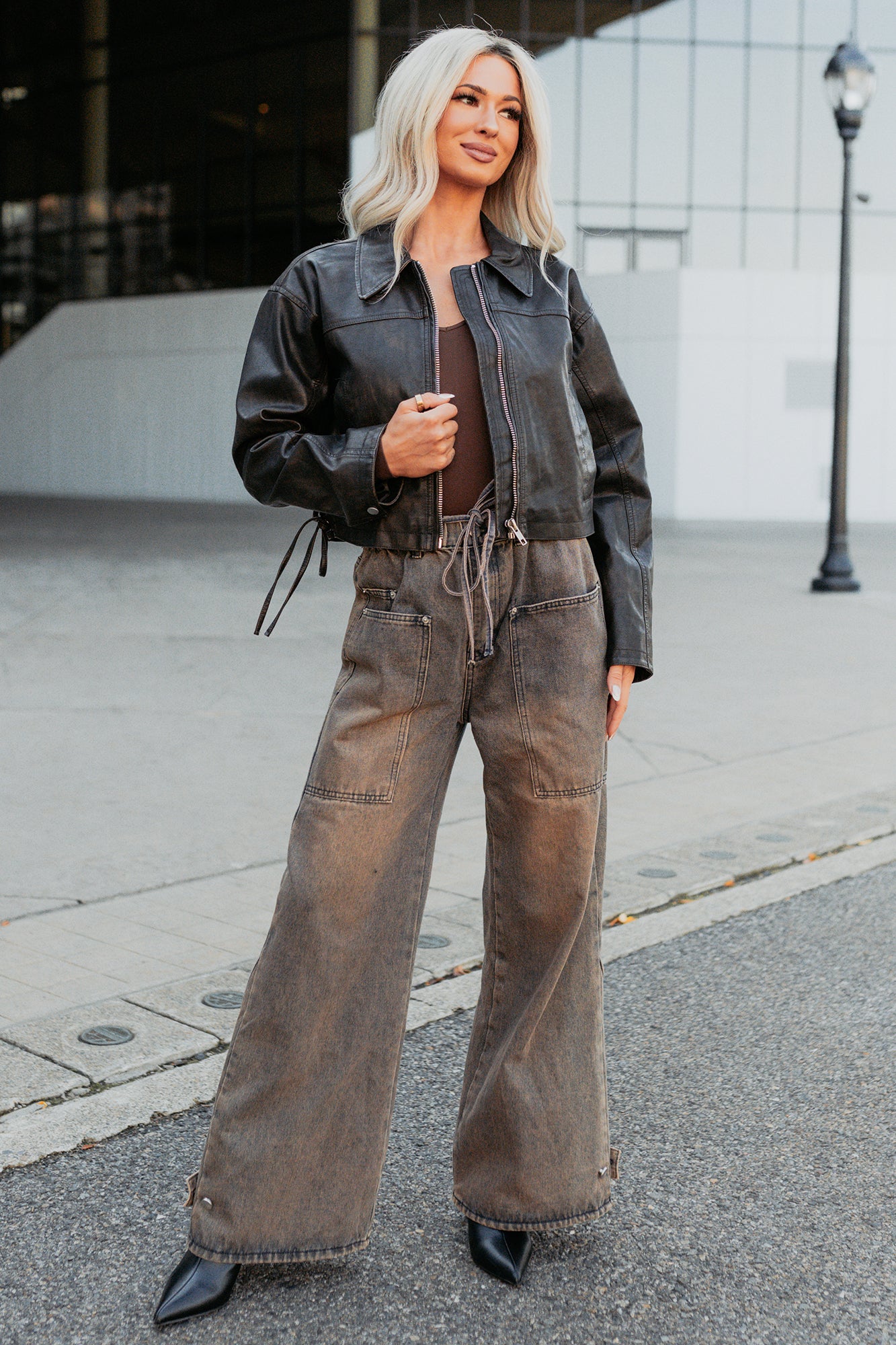 Never Tired Faux Leather Lace Side Jacket (Dark Coffee) - Image 2
