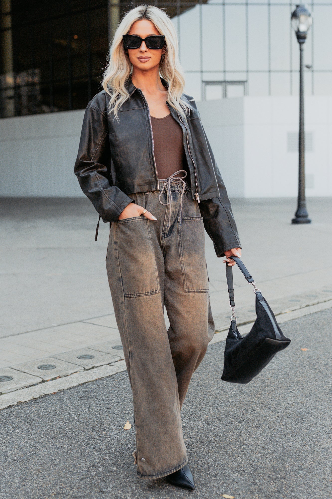 Never Tired Faux Leather Lace Side Jacket (Dark Coffee) - Image 8