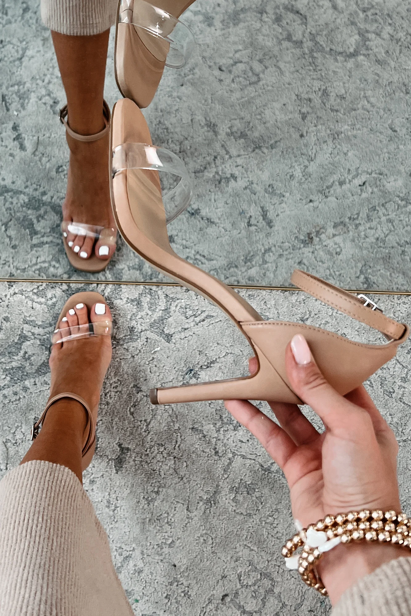 Never Underestimated Ankle Strap Heels (Clear/Sand) - Image 2