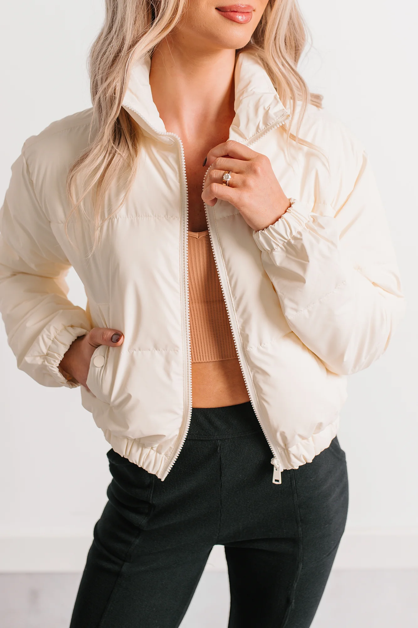 Night Shift Mock Turtleneck Zip-Up Puffer Jacket (Off-White) - Image 5