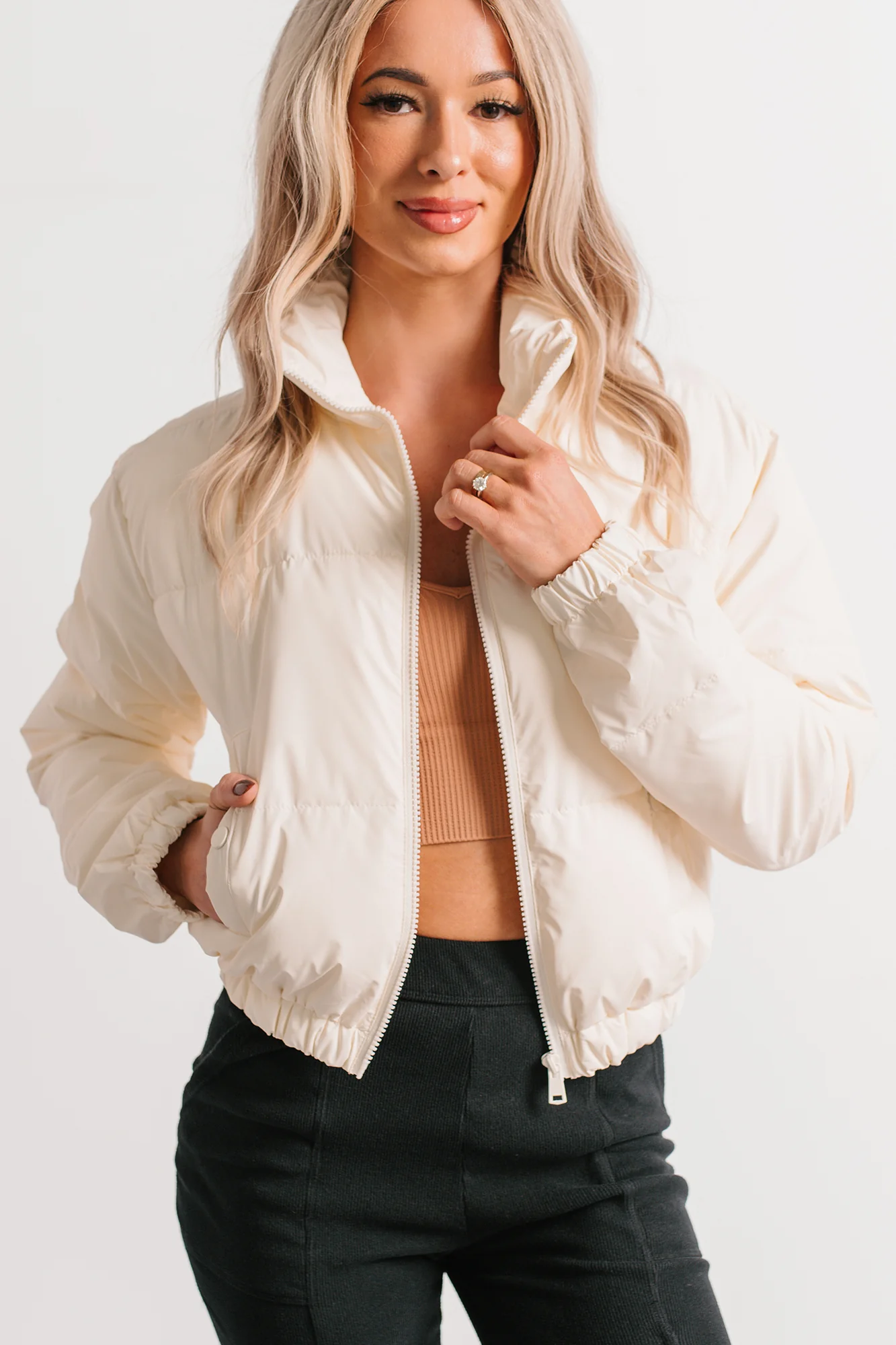 Night Shift Mock Turtleneck Zip-Up Puffer Jacket (Off-White) - Image 6