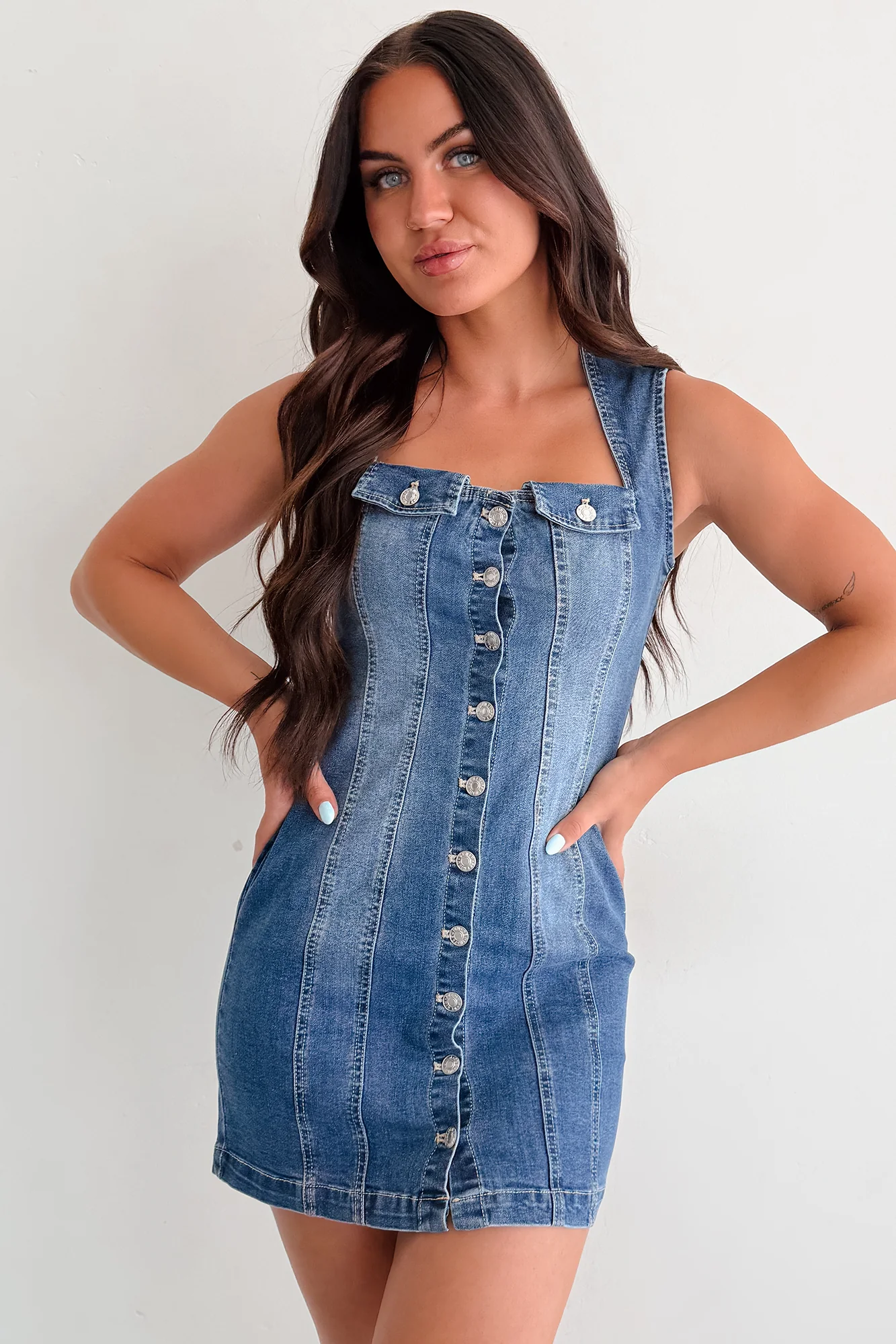 No Bad Days Denim Button Down Mini Dress (Blue) - Image 3