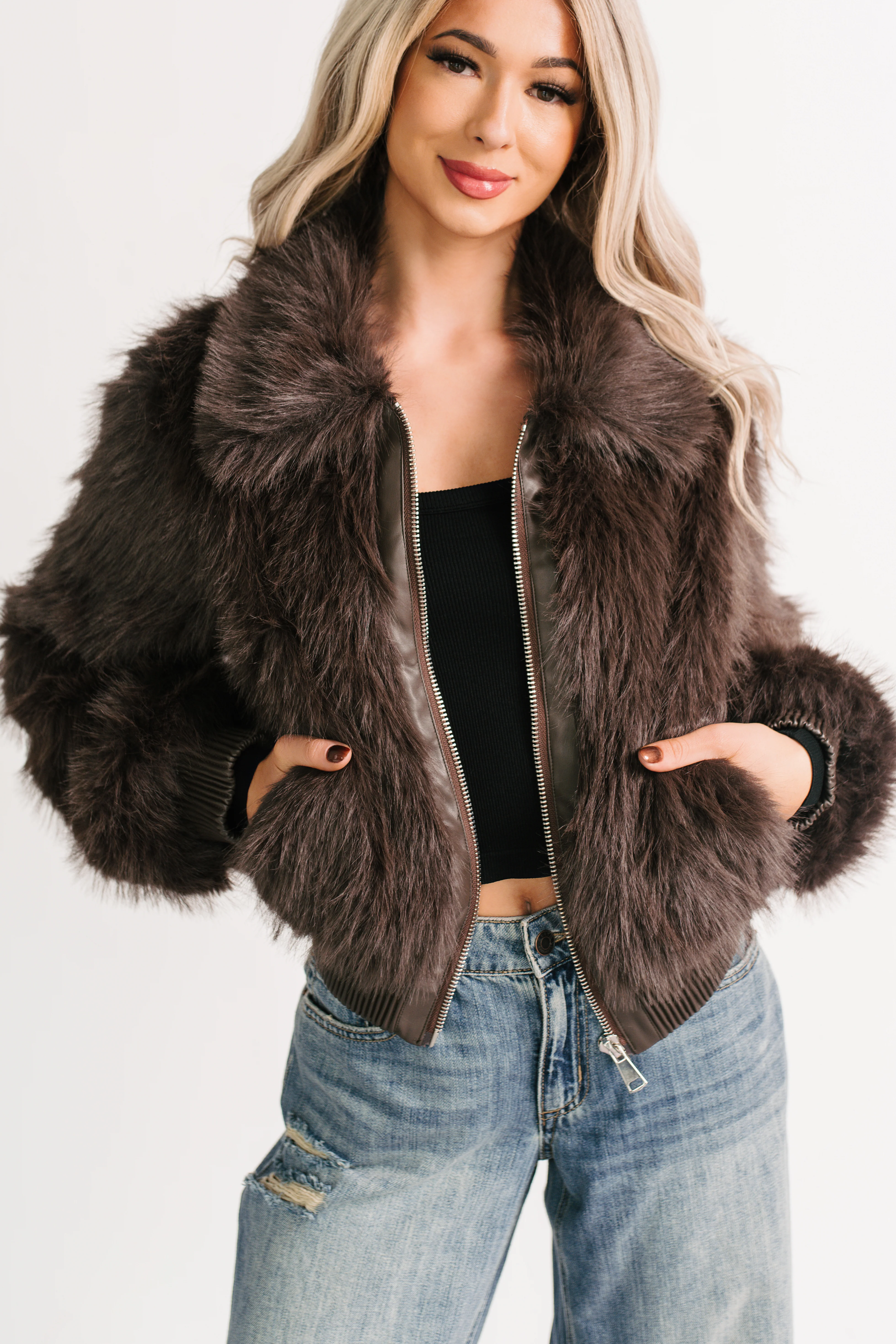 No Comparisons Faux Fur Plush Zip-Up Jacket (Brown) - Image 7