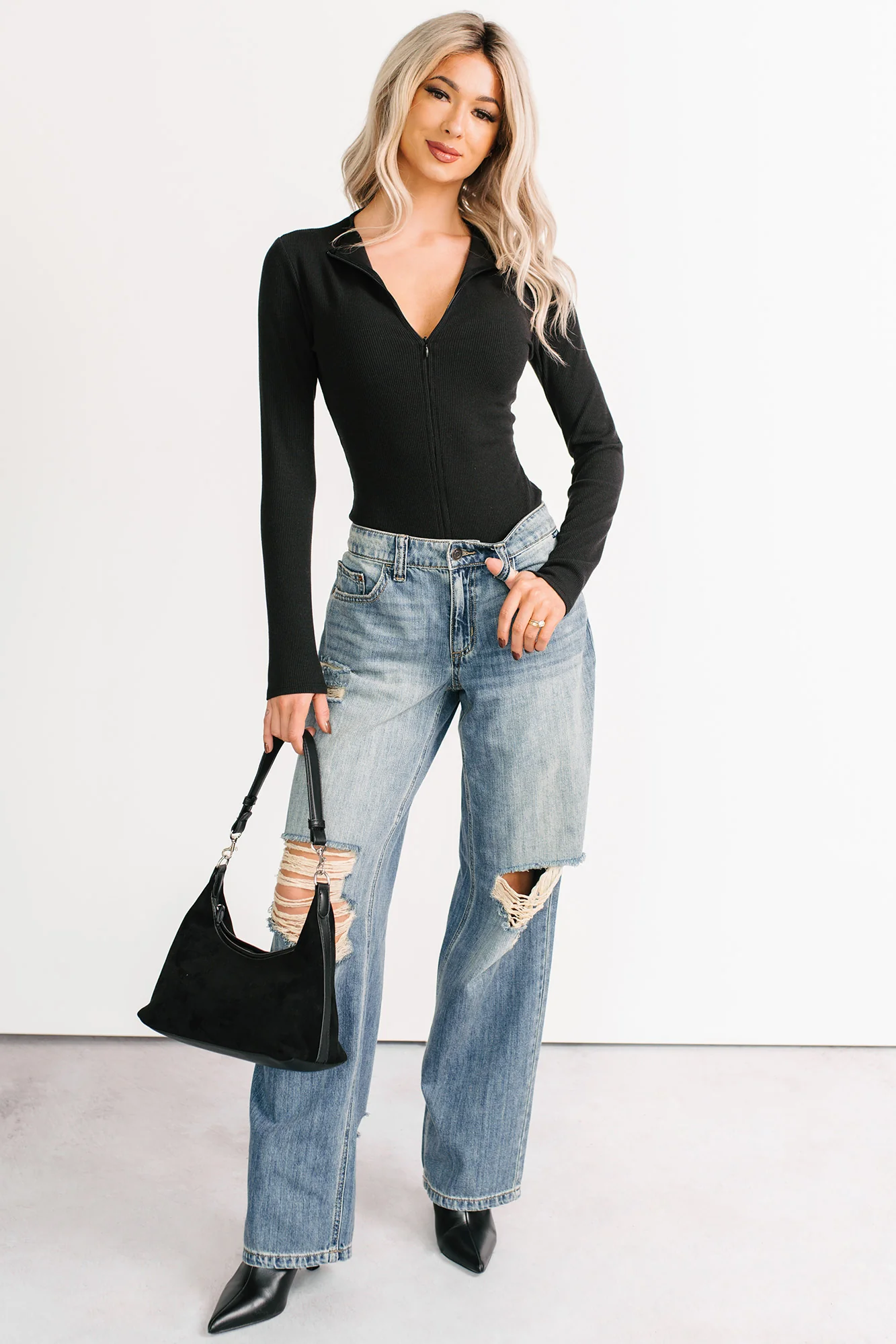 No Hesitation Ribbed Long Sleeve Bodysuit (Black) - Image 3