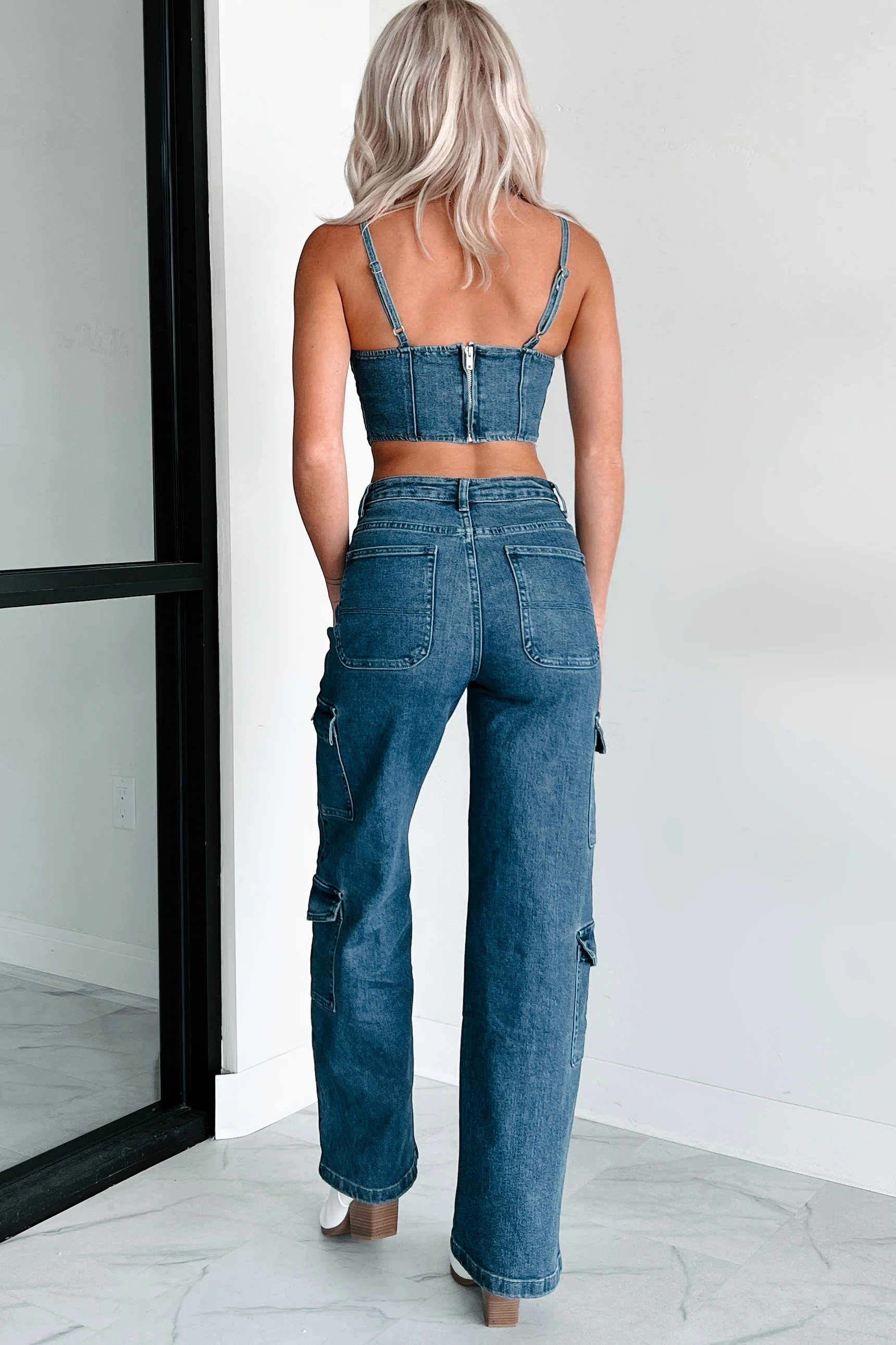 No Invite Needed High Rise Cargo Jeans (Dark Denim) - Image 3