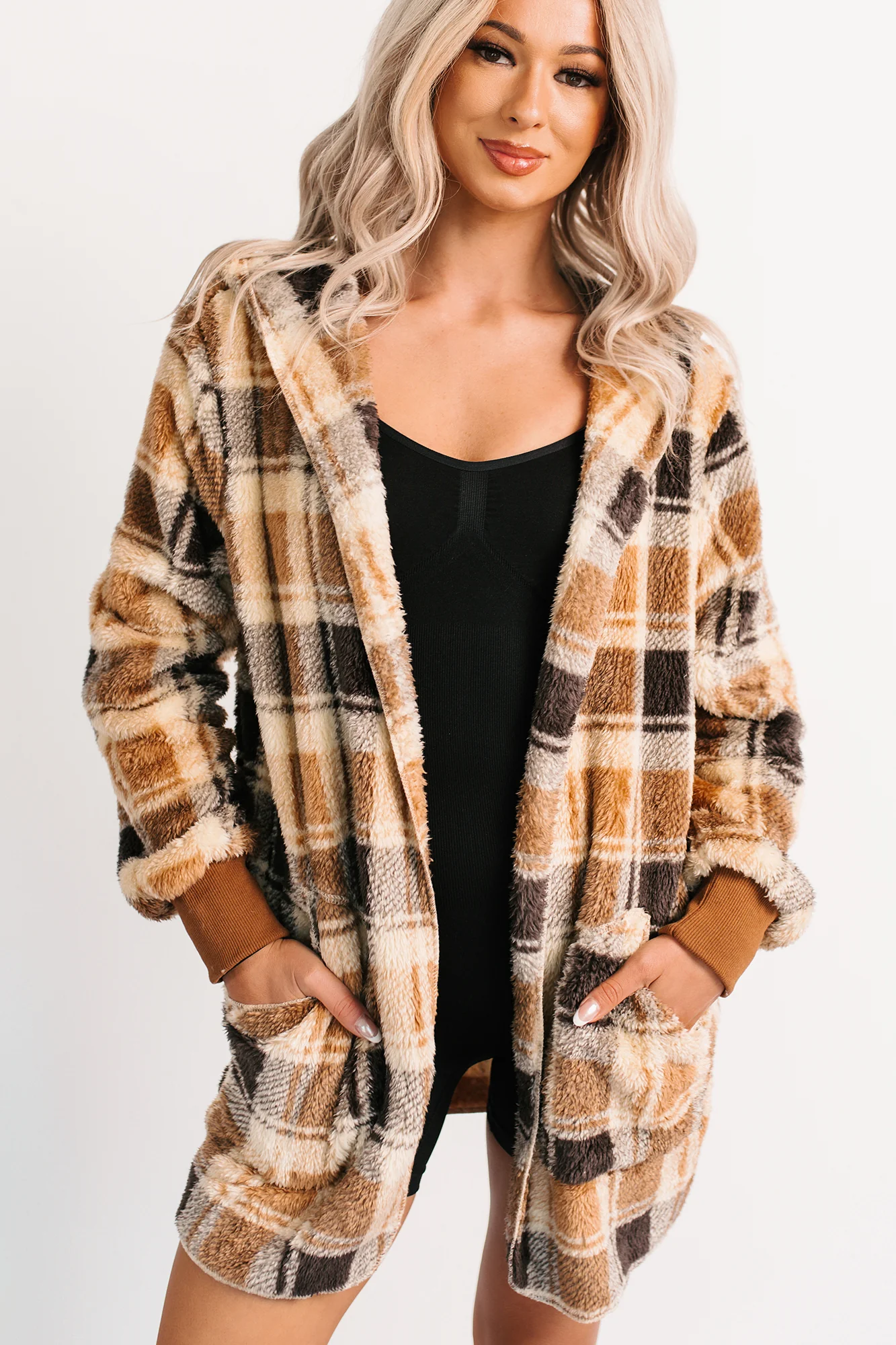 No Off Days Plaid Print Fur Hoodie Cardigan (Camel Mix) - Image 2