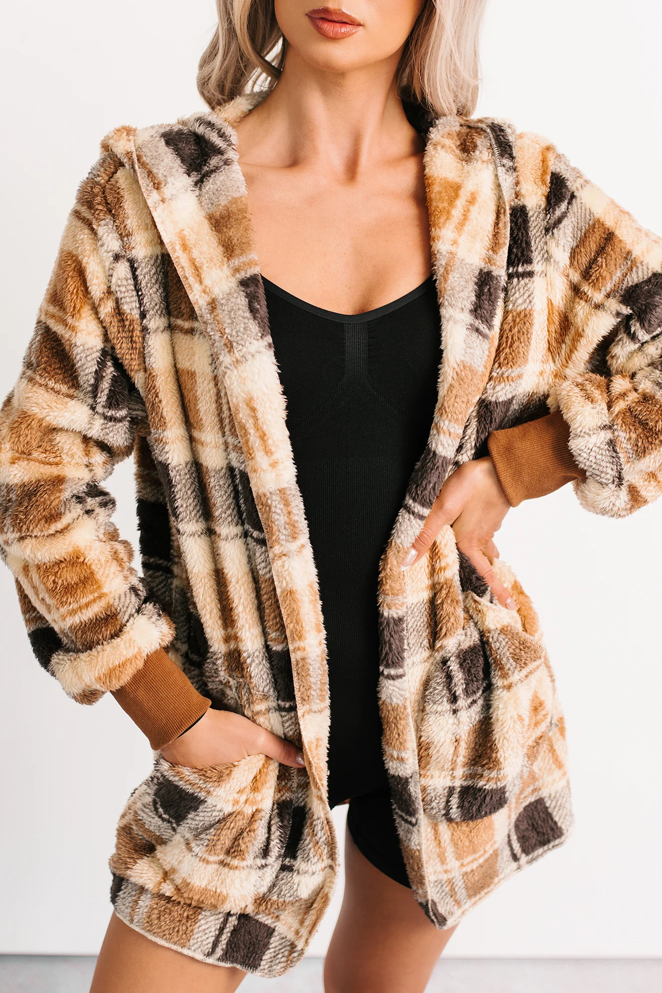 No Off Days Plaid Print Fur Hoodie Cardigan (Camel Mix) - Image 3