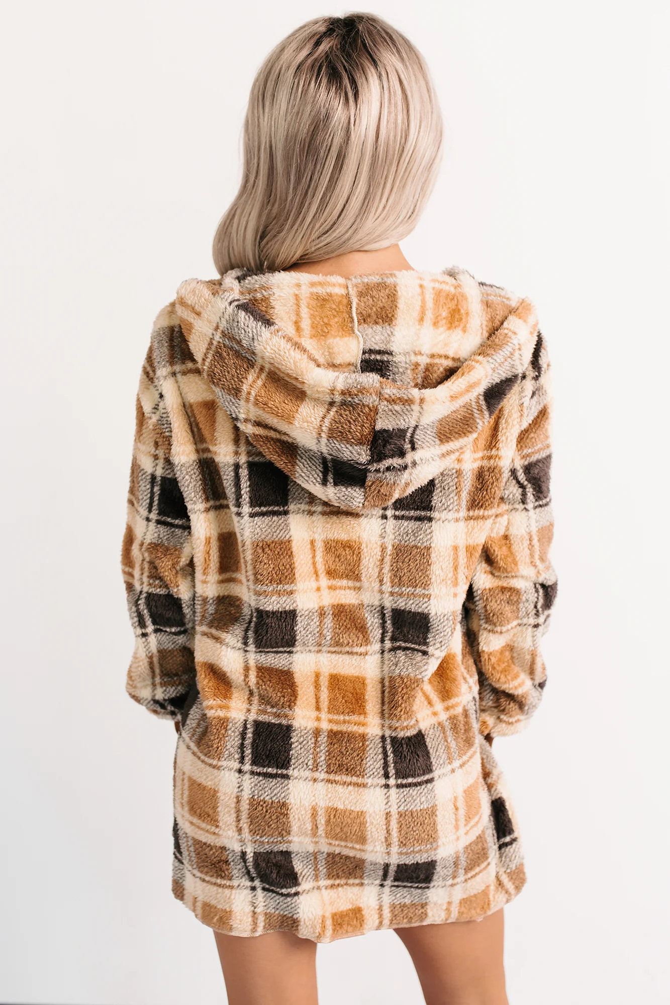 No Off Days Plaid Print Fur Hoodie Cardigan (Camel Mix) - Image 4