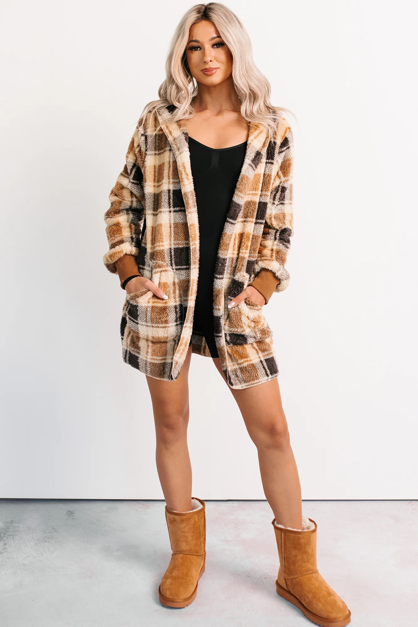 No Off Days Plaid Print Fur Hoodie Cardigan (Camel Mix) - Image 5