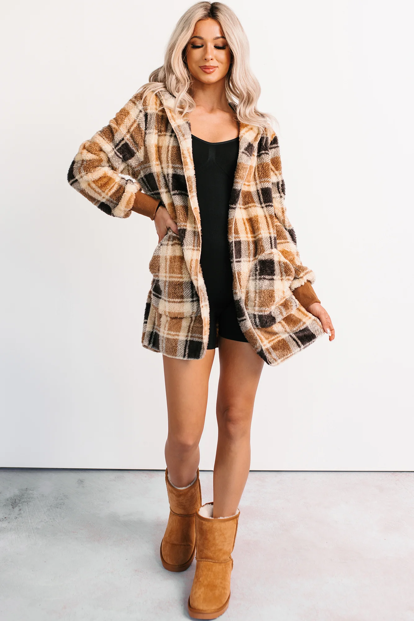 No Off Days Plaid Print Fur Hoodie Cardigan (Camel Mix) - Image 6