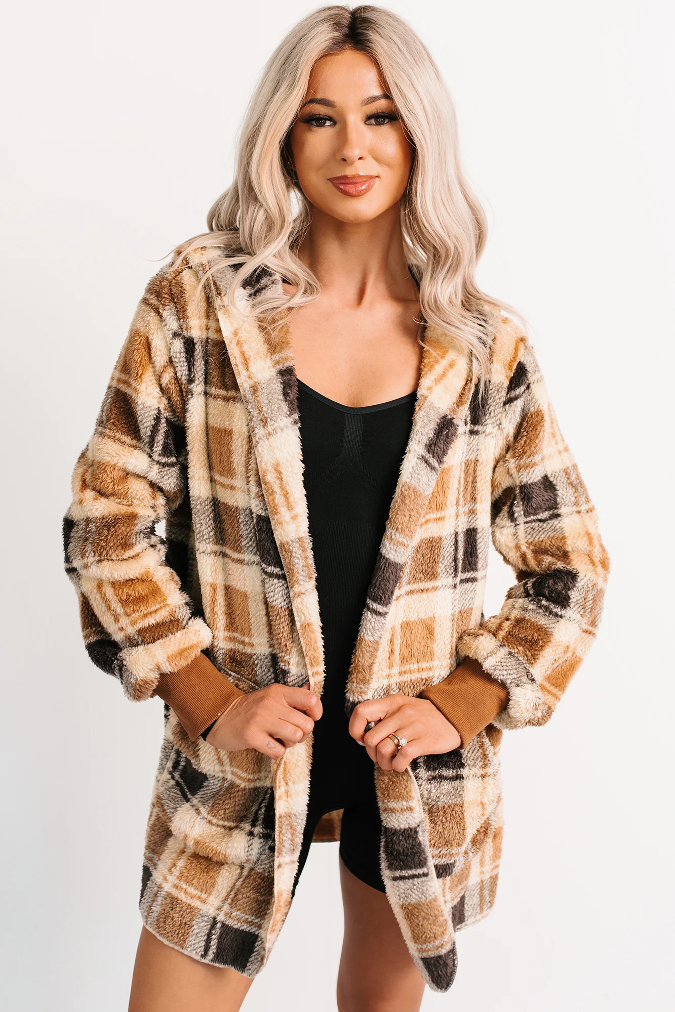 No Off Days Plaid Print Fur Hoodie Cardigan (Camel Mix) - Image 7