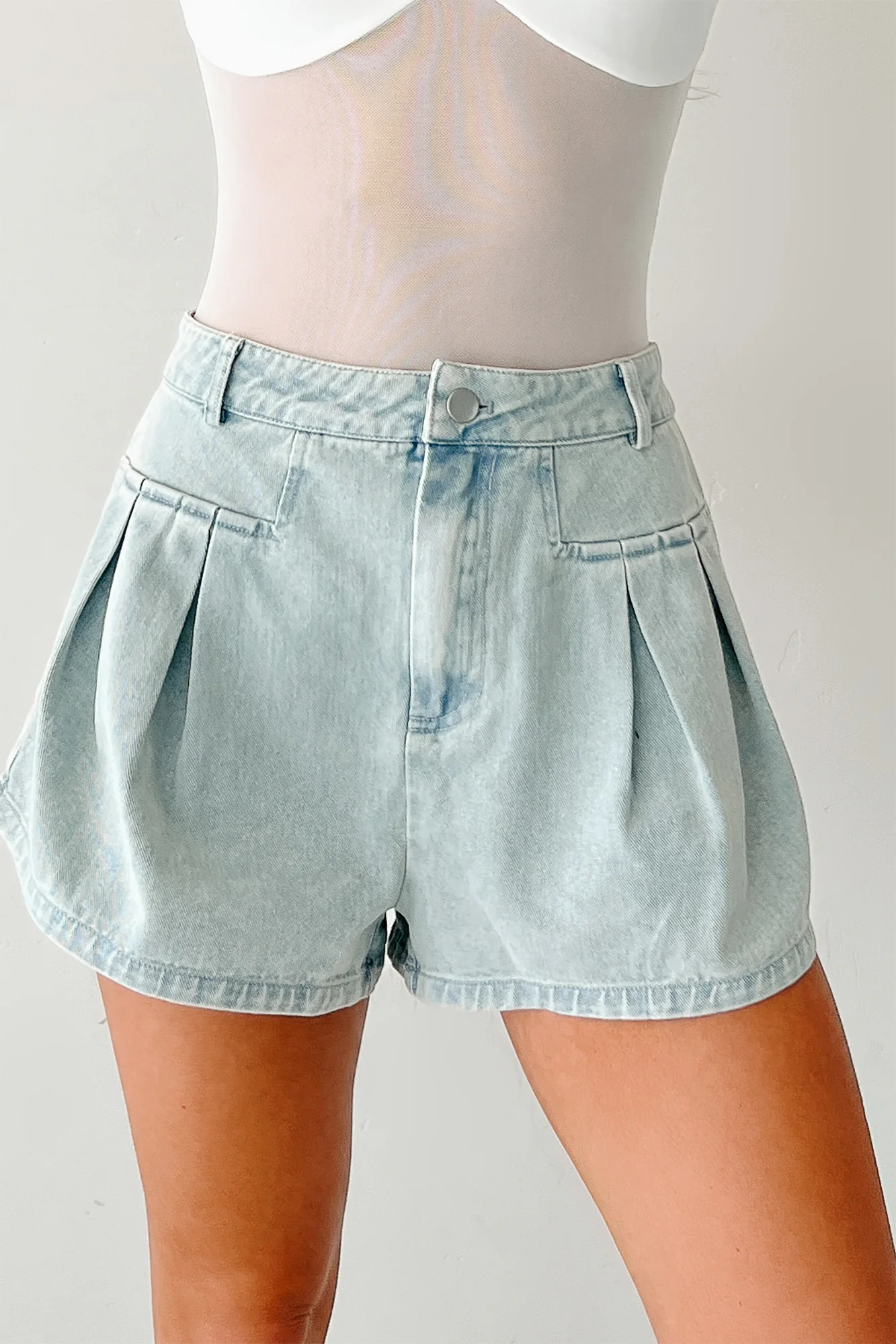 No One To Blame Pleated Denim Shorts (Washed Denim) - Image 11