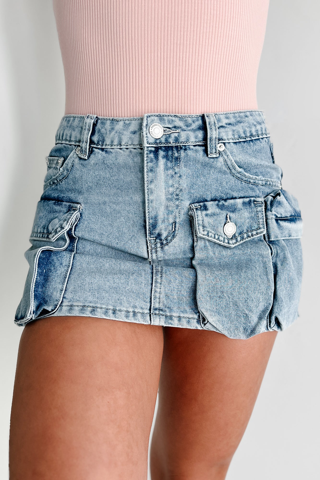 No Pep Talk Needed Denim Cargo Mini Skirt (Light Denim) - Image 3