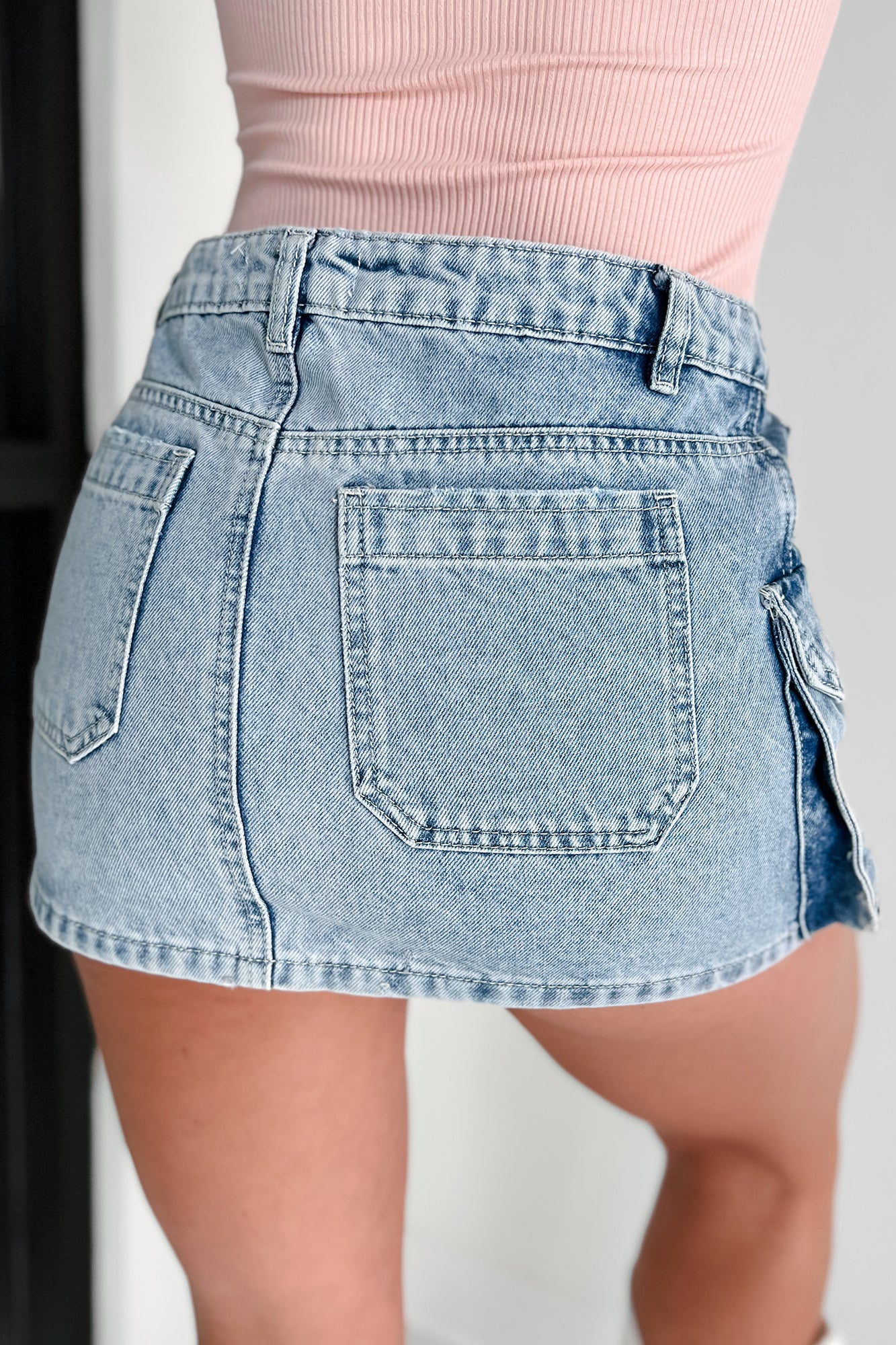 No Pep Talk Needed Denim Cargo Mini Skirt (Light Denim) - Image 5