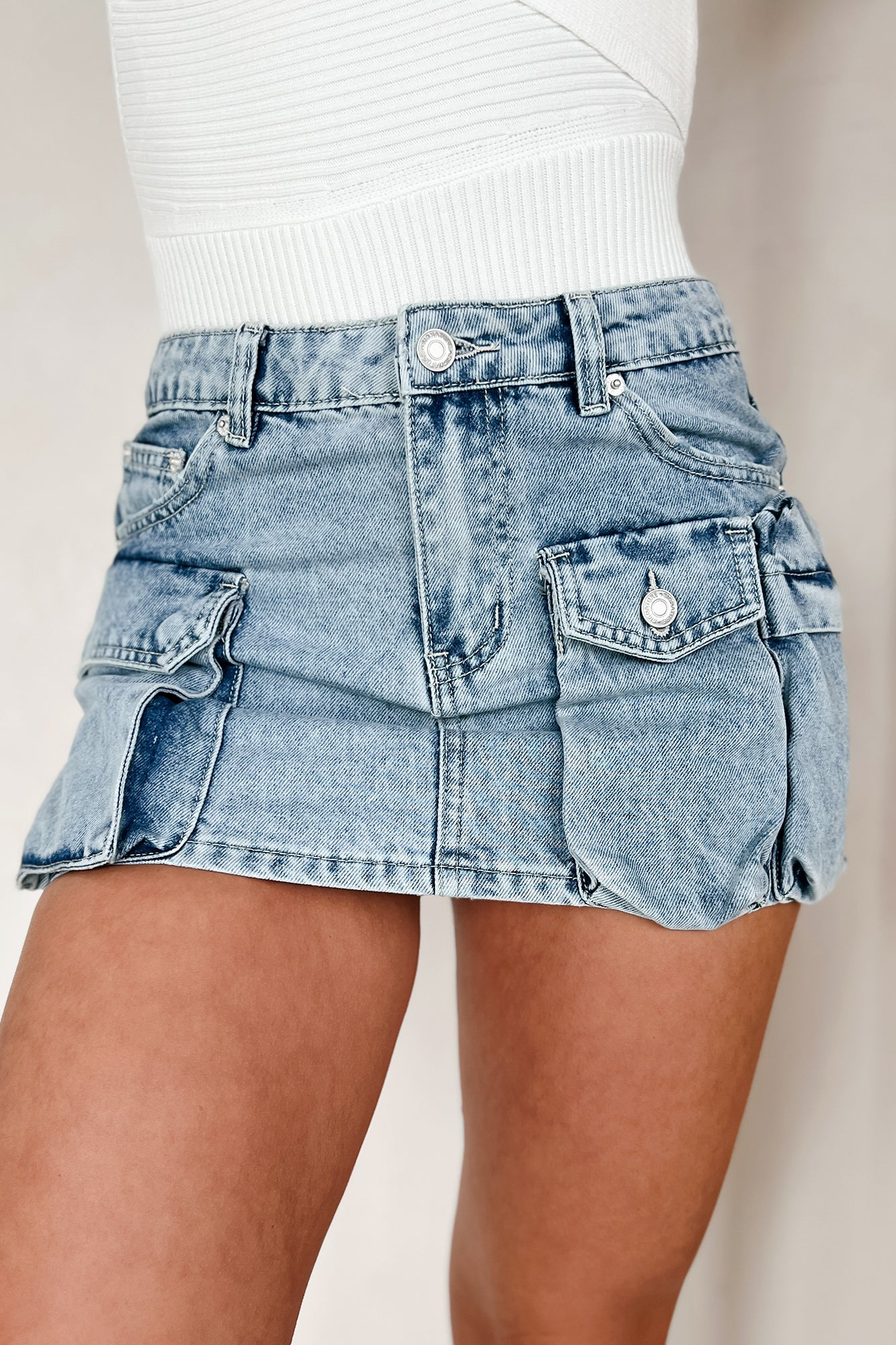 No Pep Talk Needed Denim Cargo Mini Skirt (Light Denim) - Image 8