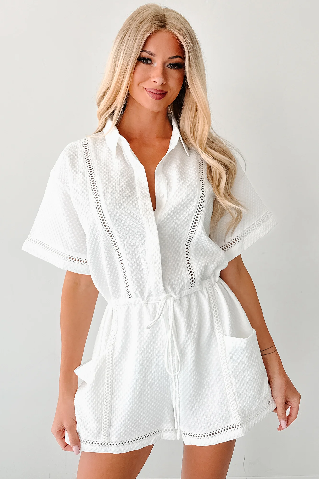 No Surprises Drawstring Waist Romper (White) - Image 10