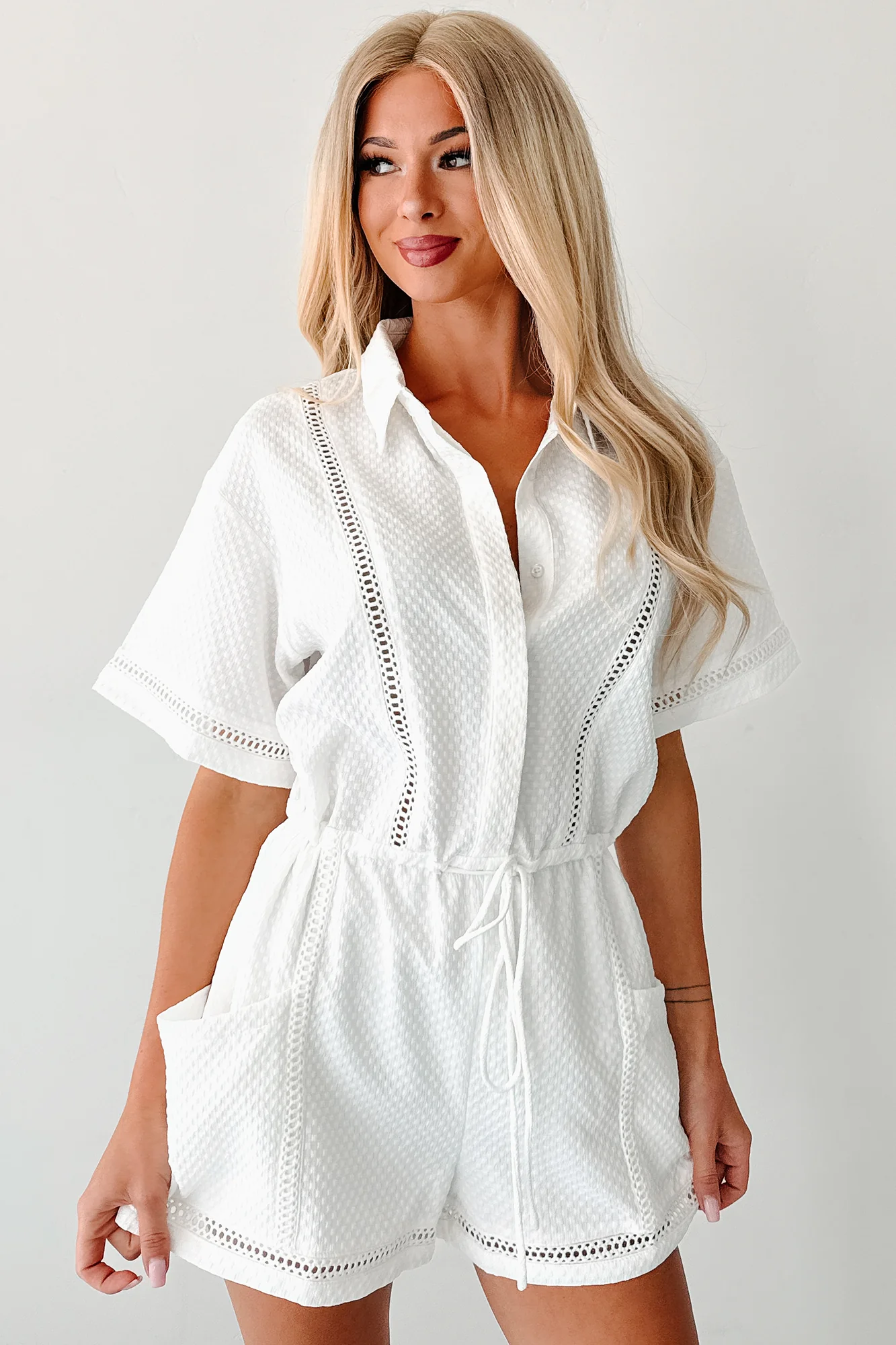 No Surprises Drawstring Waist Romper (White) - Image 8