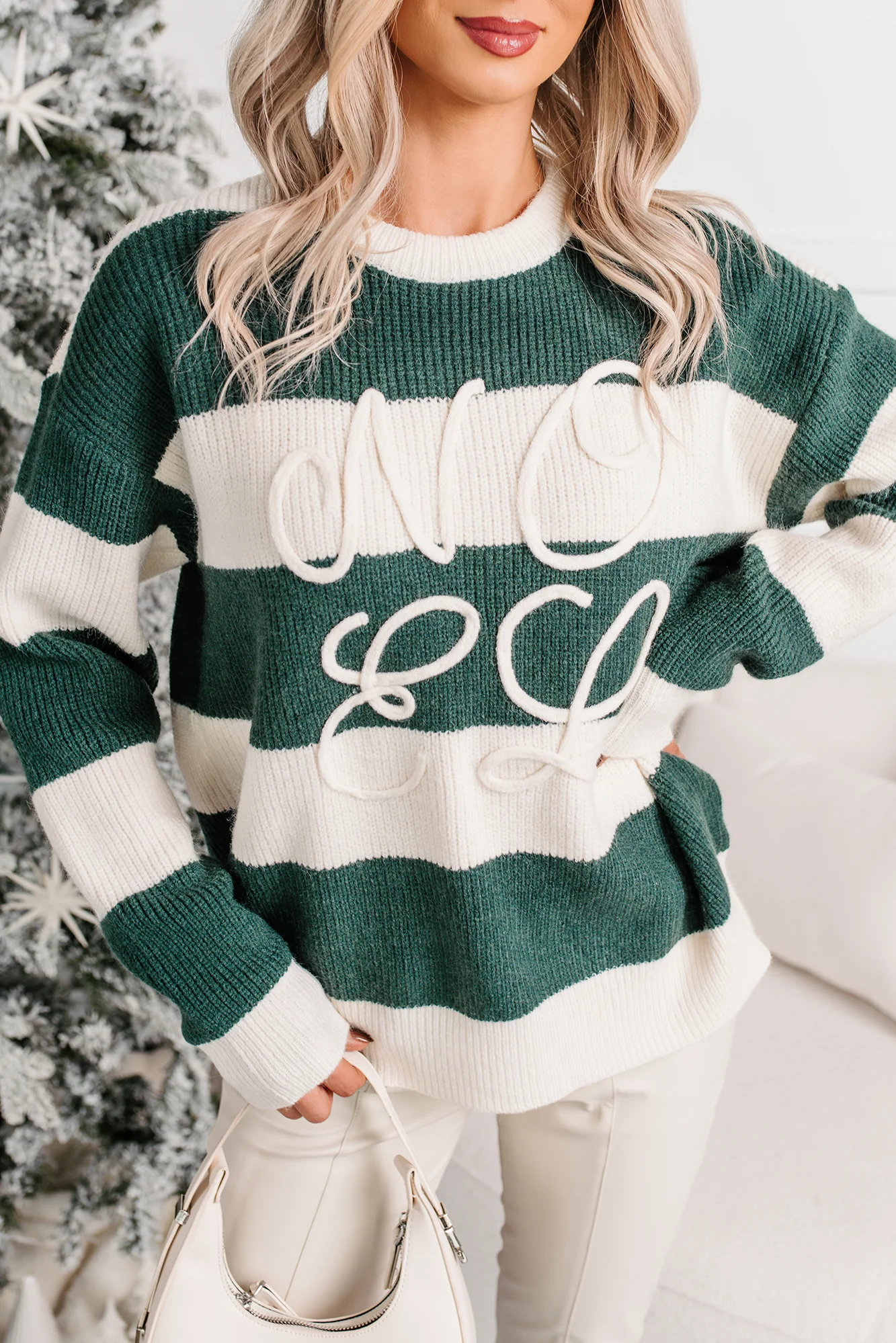 "Noel" Striped Knit Christmas Sweater (Hunter Green) - Image 3